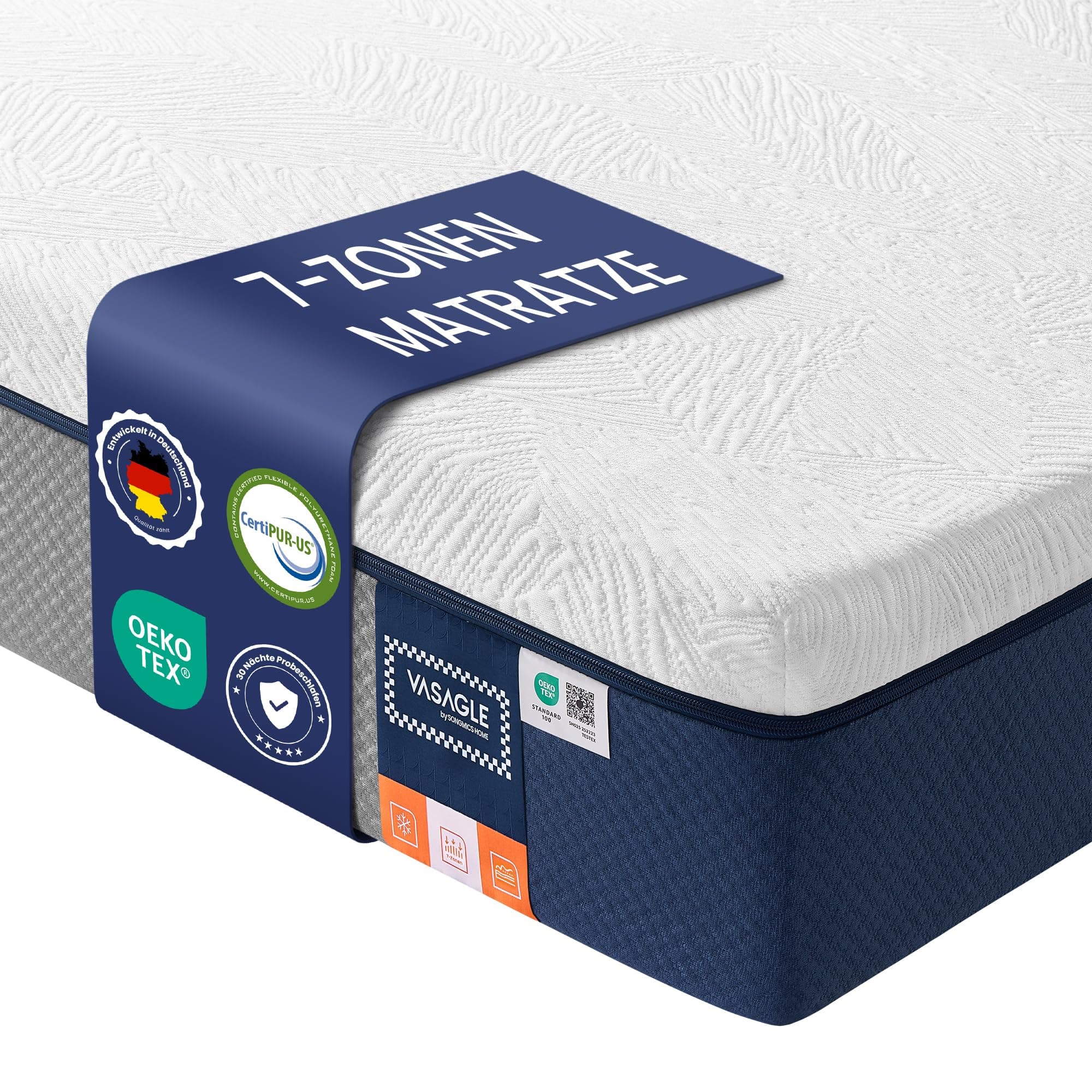 VASAGLE Matratze, 140 x 200 cm, Doppelmatratze aus Gel-Memory-Schaumstoff, mittelfest, H3, 7-Zonen-Unterstützung, atmungsaktiv, Abnehmbarer, maschinenwaschbarer Bezug, 25 cm dick, blau RMZ134QZ01