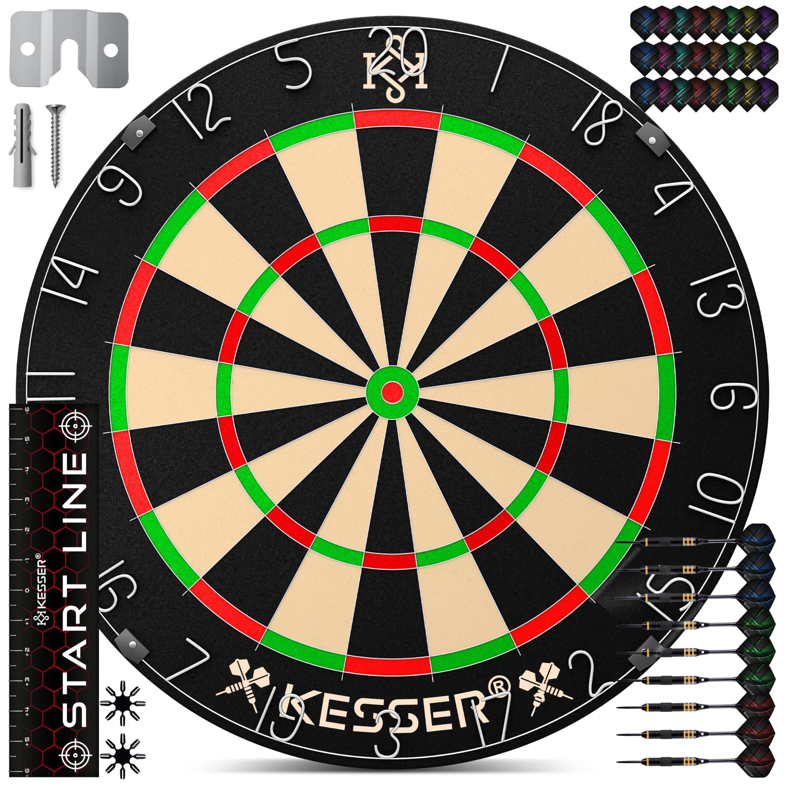 KESSER® Dartscheibe Sisal mit 9 Dartpfeile Professional Dartboard + 24 Pro Flights + Zubehör Steeldart Offizielles Dartscheibe 9 Pfeilen Metallspitze Profi Steeldartscheibe Dartboard inkl. Montageset
