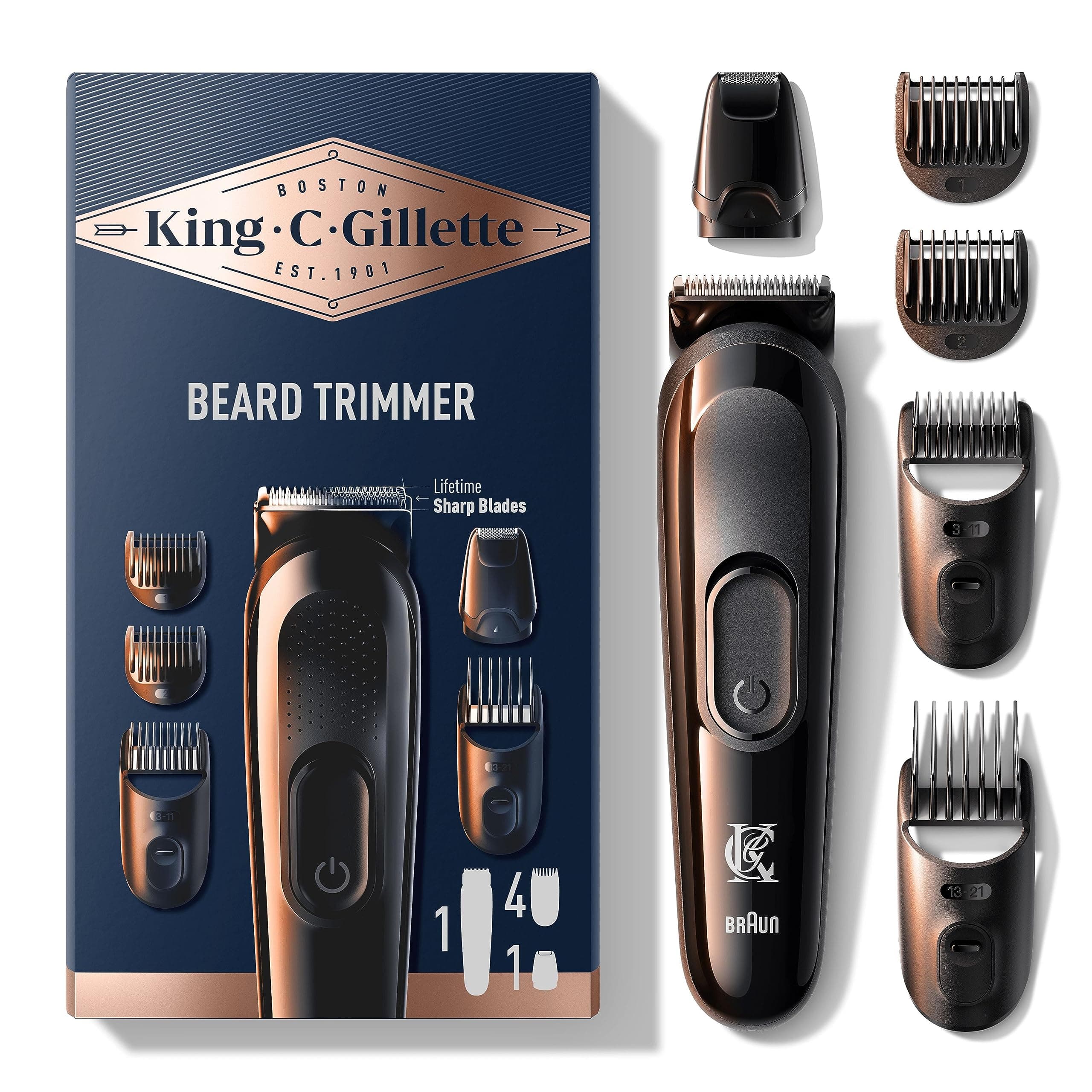 King C. Gillette REGOLABARBA UOMO, Senza Fili, Lame RASOIO Lunga Durata RASOIO ELETTRICO BARBA Con Testina Lavabile, 4 Pettini Regolatori, Idea Regalo Uomo