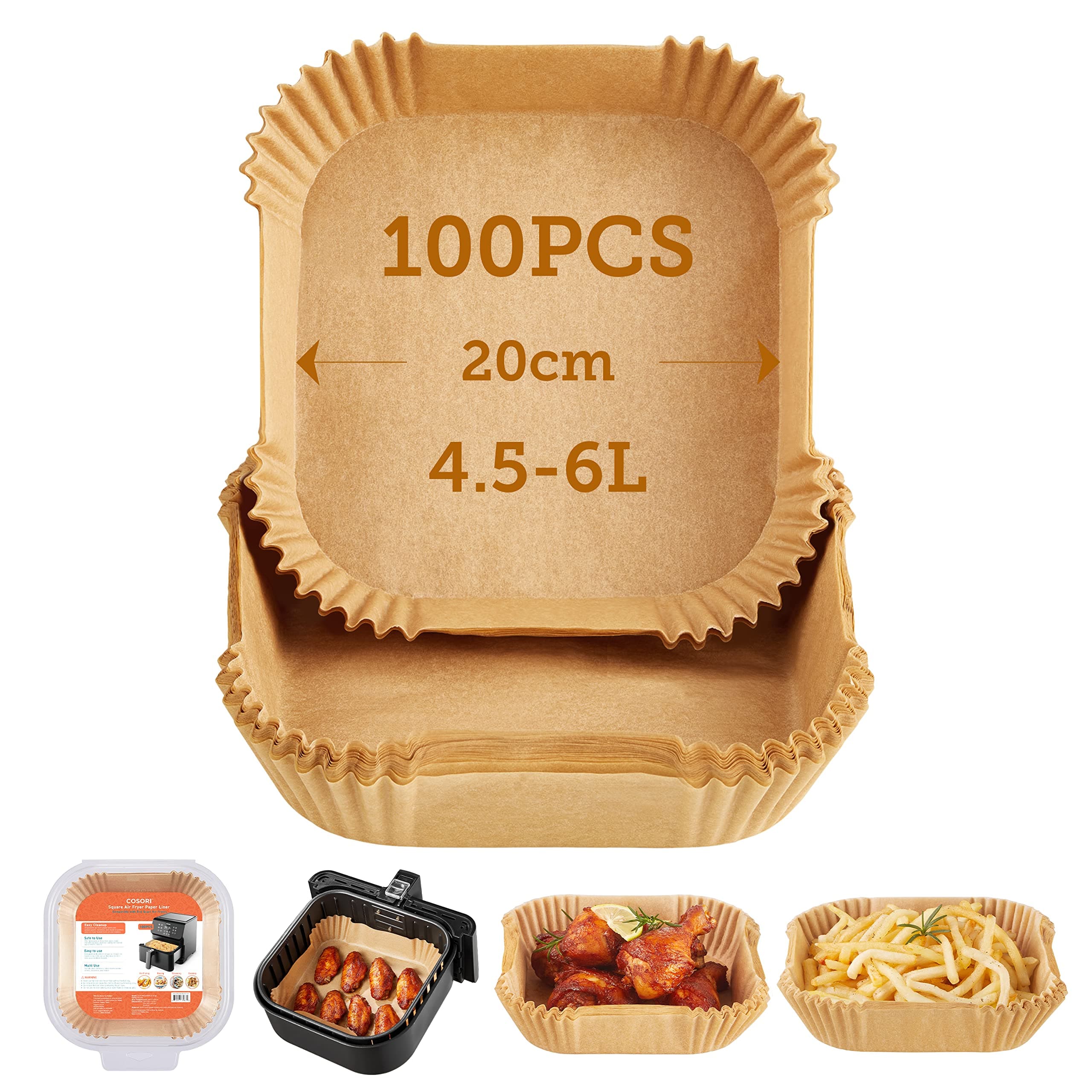 Cosori Papel Horno para Freidora sin Aceite, 100 Piezas Cuadrado de Desechable, Papel de Horno Antiadherentes a Prueba de Grasa para Air Fryer de 4,5-6 L, Horno, Sartén, Microonda 20 cm