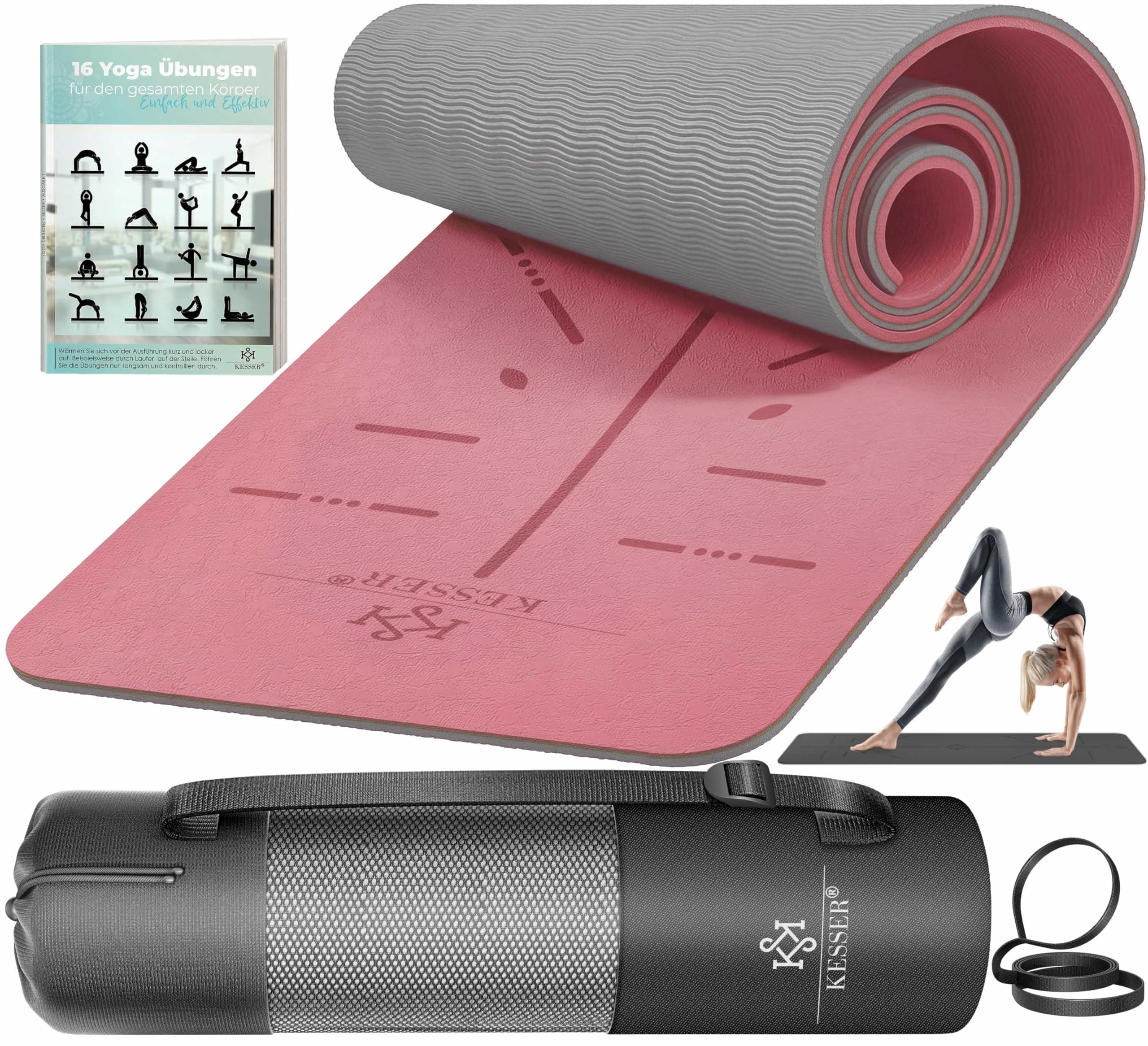 KESSER® Gymnastikmatte mit Tragegurt rutschfest TPE Yogamatte Gepolstert & rutschfest Fitnessmatte, 183 x 61 Trainingsmatte für Fitness Sportmatte, Pilates & Gymnastik Workout