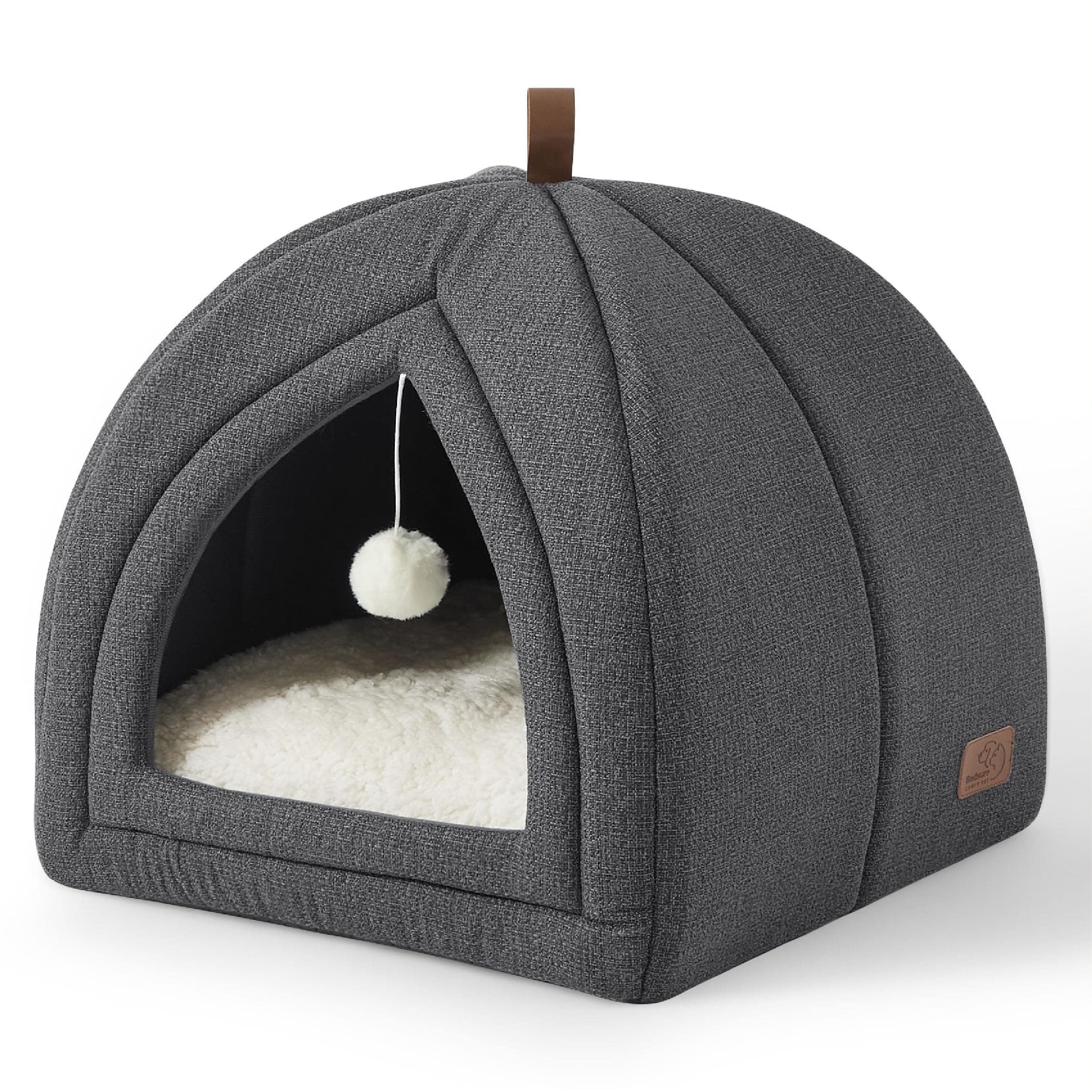BEDSURE Katzenbett große Katzen Katzenhöhle- 40x40x40 cm Katzenhaus Indoor mit abnehmbarem Sherpa Katzenkissen und hängendem Spielzeug, Katzen Bettchen waschbar, dunkelgrau