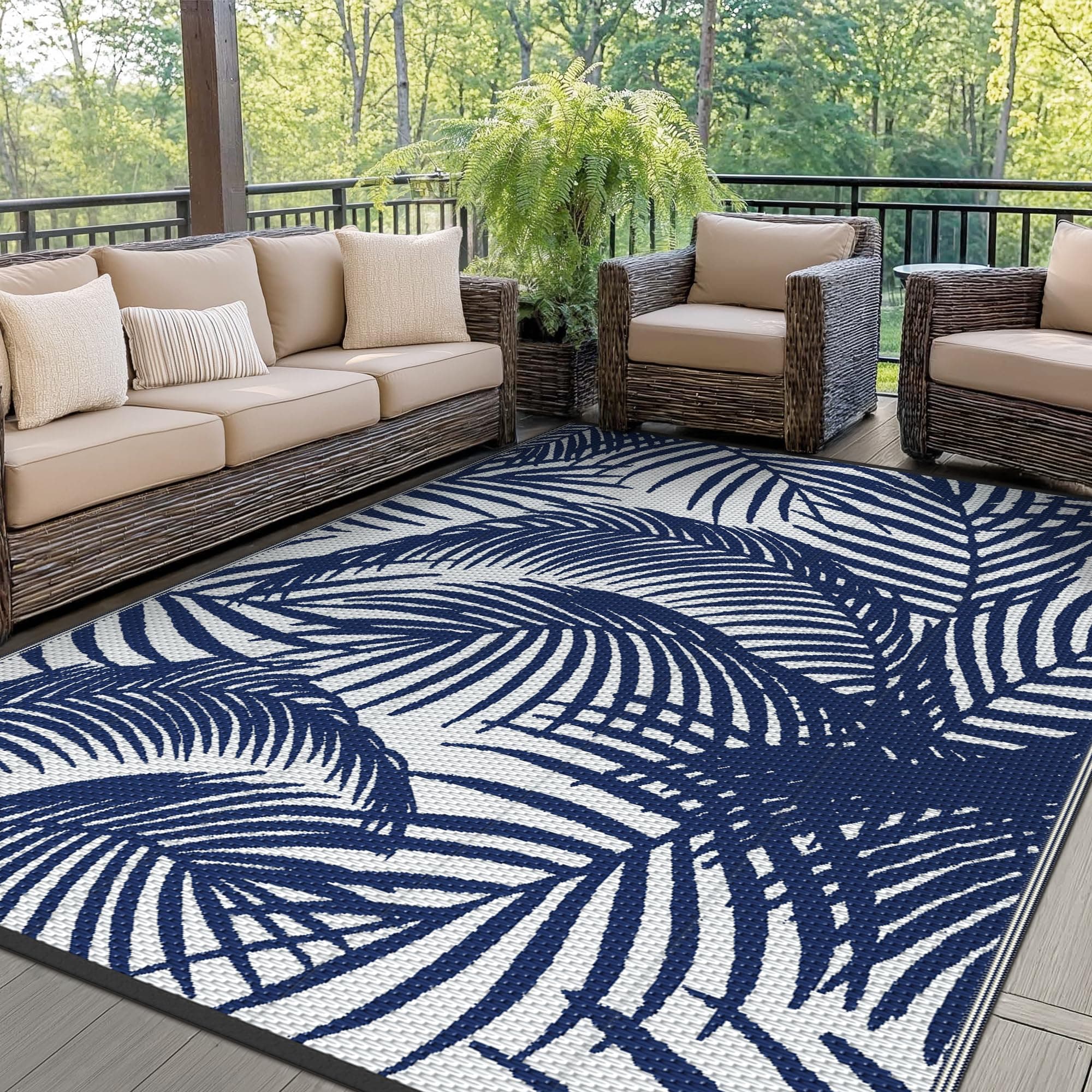 GENIMO Tapis Extérieur Imperméable, Tapis de Camping Lavable pour Jardin, Terrasse, Balcon, Tapis Réversible Résistant aux UV pour Pique-Nique,180x275cm, Bleu Marine & Blanc