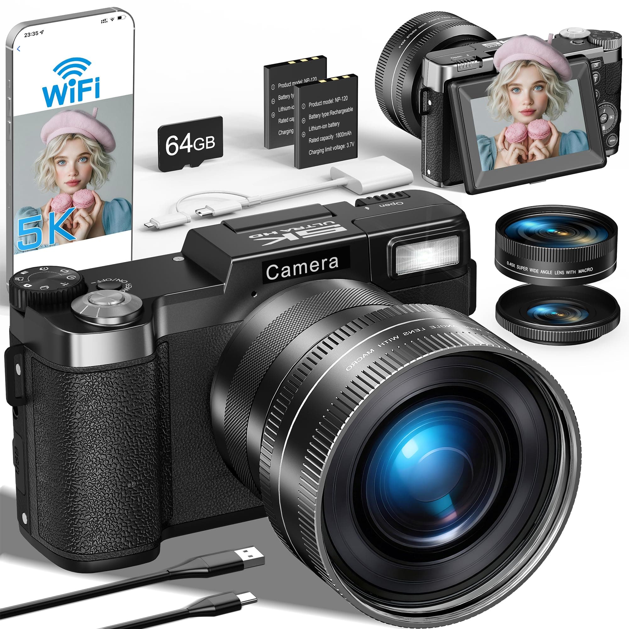 5K Cámara Digital, 64MP Camara de Fotos con WiFi, Tarjeta de 64GB, Enfoque Automático, Linterna Ajustable Pantalla Giratoria de 180° para Vlog y Principiantes, Objetivo Grande Angular y Macro 2 Pilas