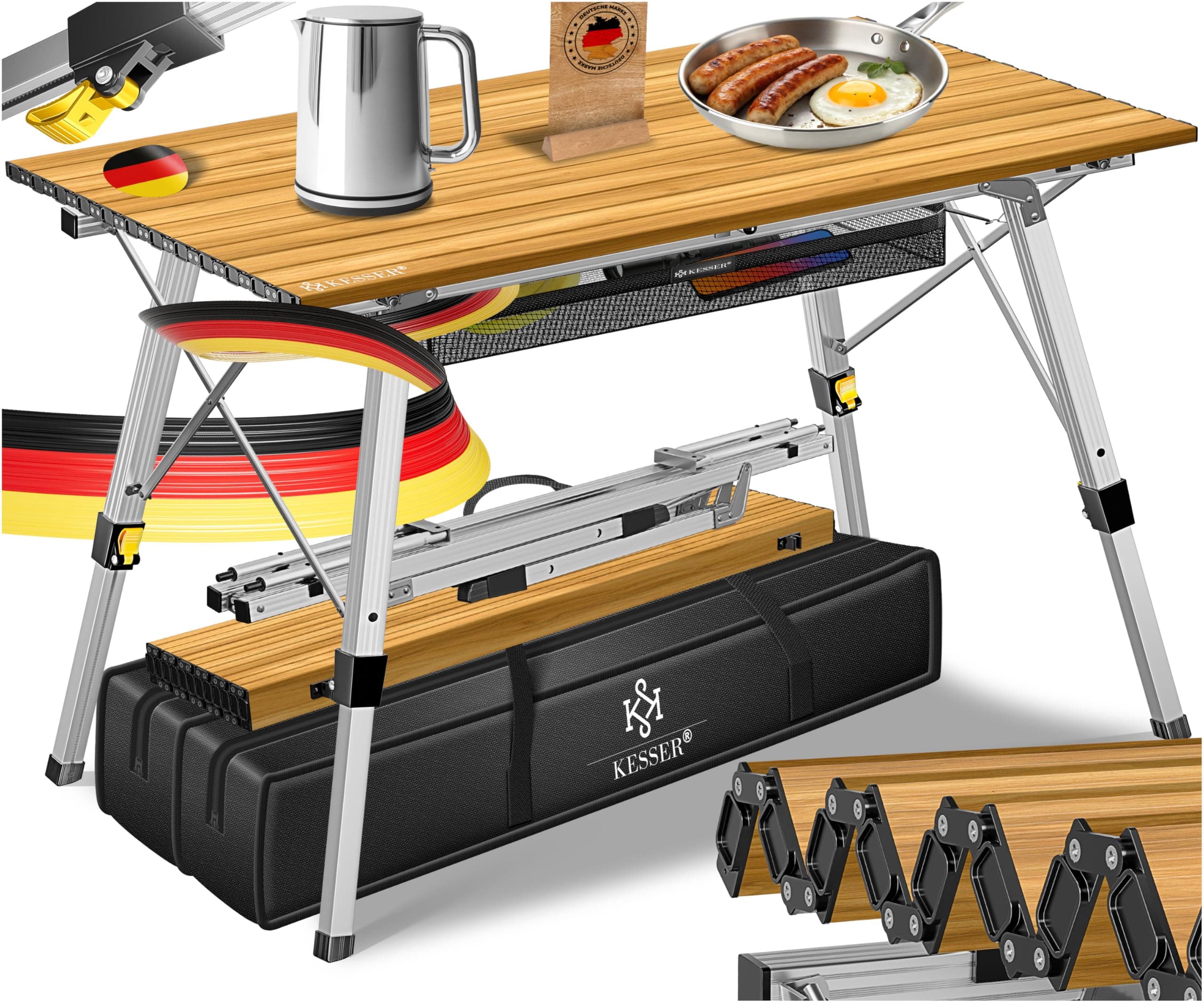 KESSER® Campingtisch faltbar Klapptisch mit Aluminiumrahmen Aufrollbare Tischplatte Falttisch klappbar Höhenverstellung 120x70cm - bis 100kg inkl. Tragetasche mit Trageband & Netztasche, Holz-Optik