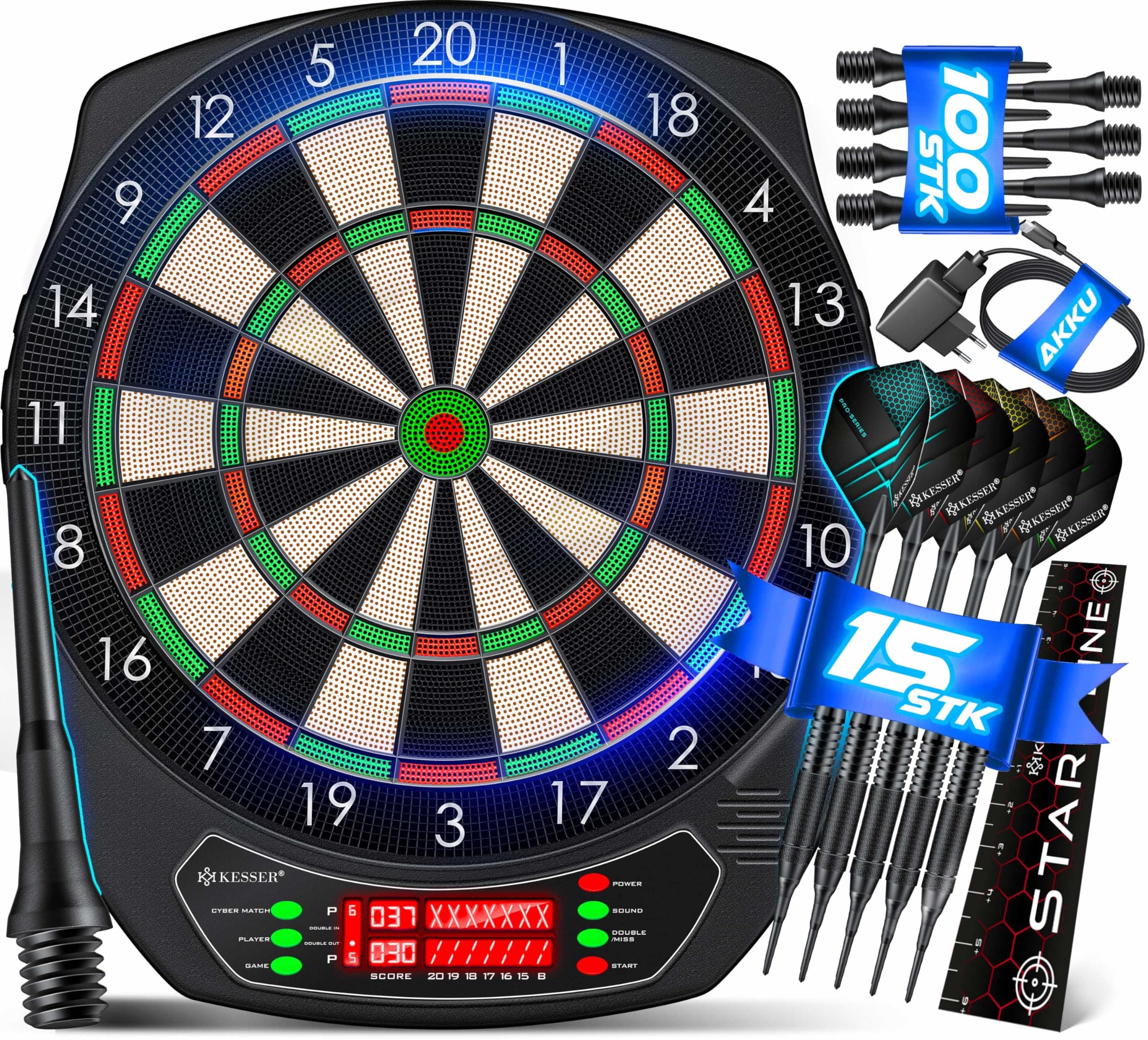 KESSER® Elektronische Dartscheibe Profi Set - E Dartboard mit 15 Dartpfeile + 20 Pro Flights 100 Pfeilspitzen + Zubehör Dart für 1 bis 8 Spieler mit LED Anzeige