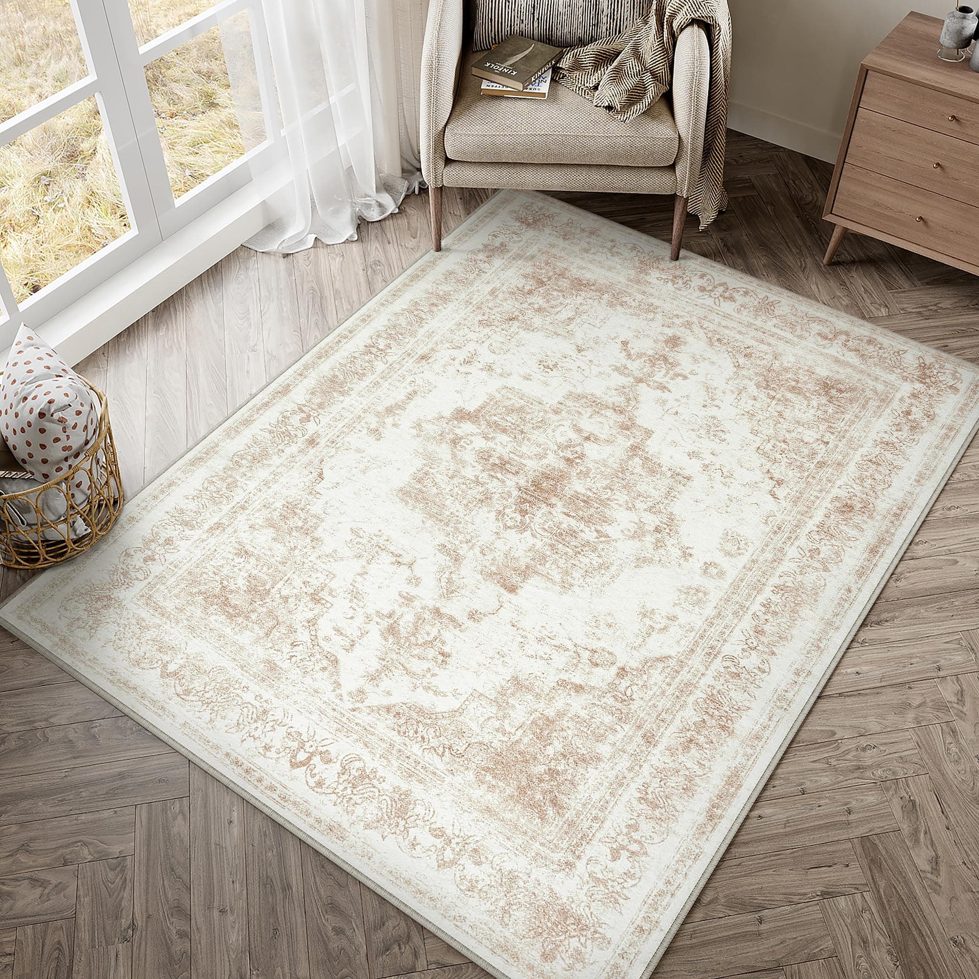 HUGEAR Vintage Tappeto Salotto Crema Tappeti 120x180cm Soggiorno Antiscivolo Lavabile in Lavatrice Tapette Camera da Letto Sala Ufficio Bambina Bambino Pelo Corto Grande Carpet