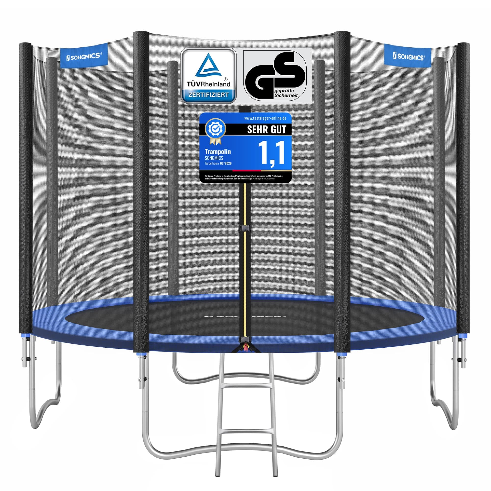 SONGMICS Trampolin Outdoor Ø 183/244/305/366/427 cm, rundes Gartentrampolin Kindertrampolin mit Randabdeckung, mit Sicherheitsnetz, mit Leiter und gepolsterten Stangen