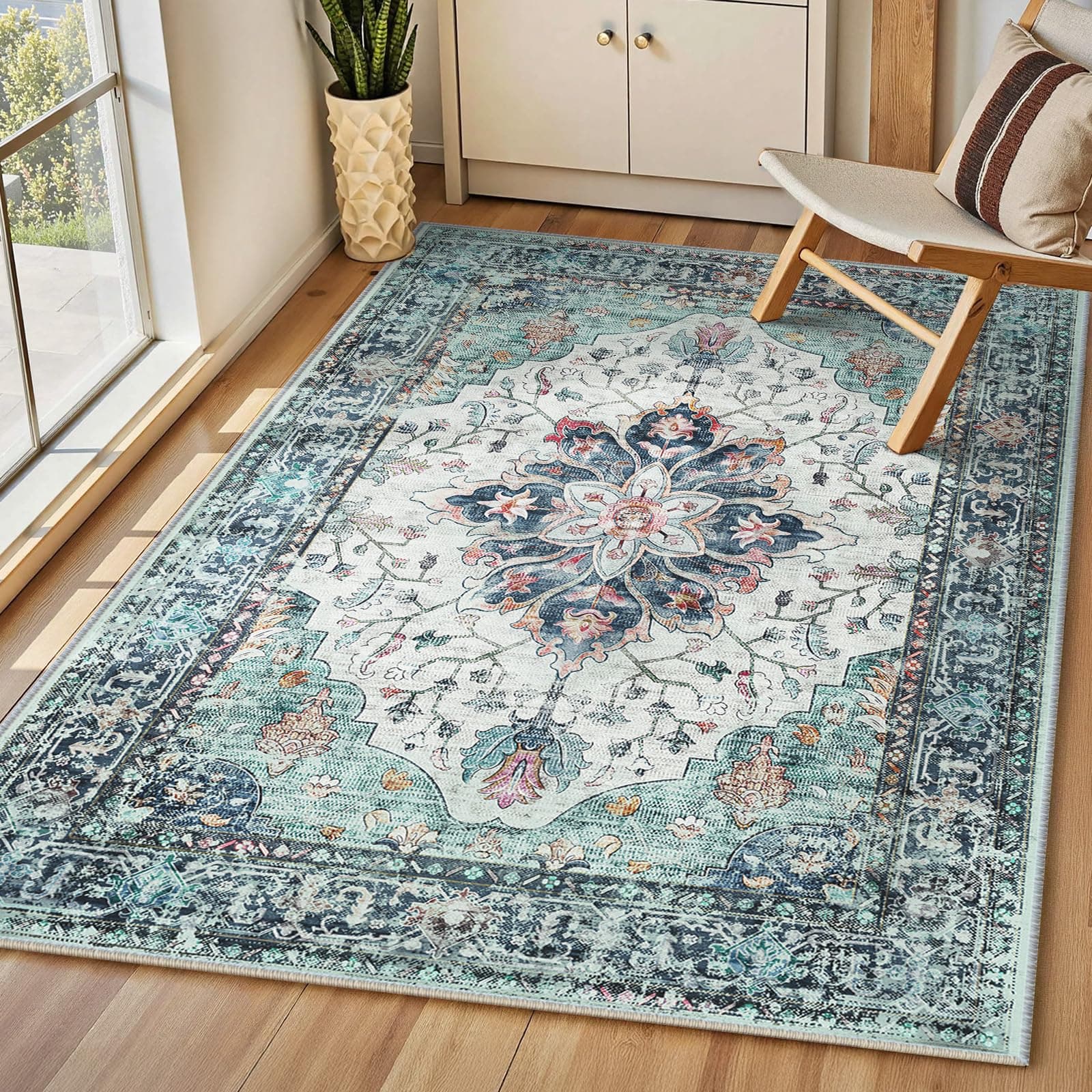 INOVADAY Tappeto 90x150 cm Lavabile in Lavatrice Vintage Antiscivolo Blu Scuro/Verde/Rosso