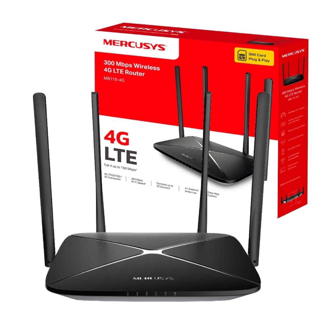 Mercusys MB115-4G 300 Mbps Wireless N 4G LTE Router, WiFi 300 Mbps + SIM Instantáneo + 4 Antenas Potentes, Cobertura Máxima para 32 Dispositivos, Modo Dual WiFi/Cable