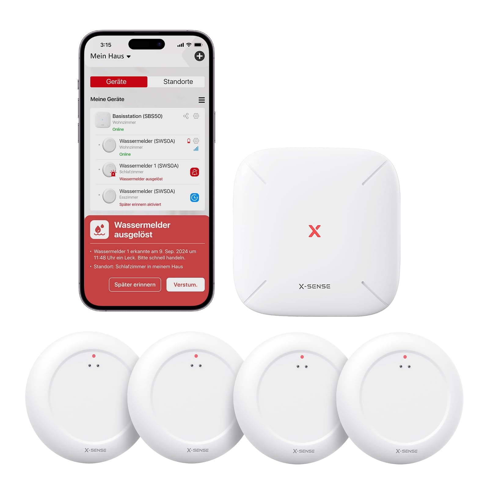 X-Sense Wassermelder WLAN mit SBS50 Basisstation, Smarter Wassermelder, App-Warnungen(nur 2.4Ghz), wasserdicht nach IP67, Funk-Wassersensor für Küche, Bad, Keller, SWS0A41, 5er Set