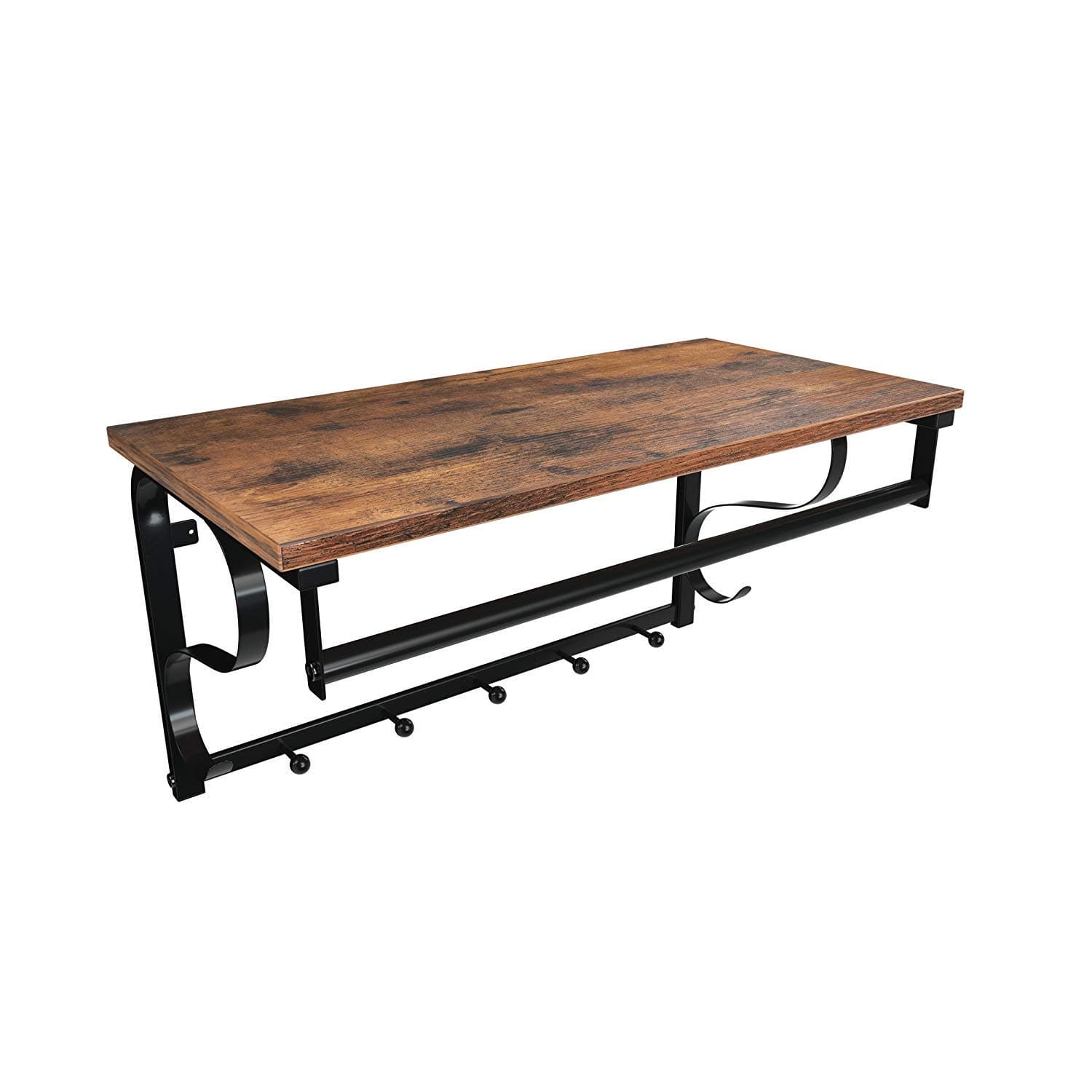 VASAGLE Wandgarderobe mit Regal, 5 Haken, Kleiderstange, für Flur, Badezimmer, Wohnzimmer, rustikales Braun und Schwarz LCR11BX