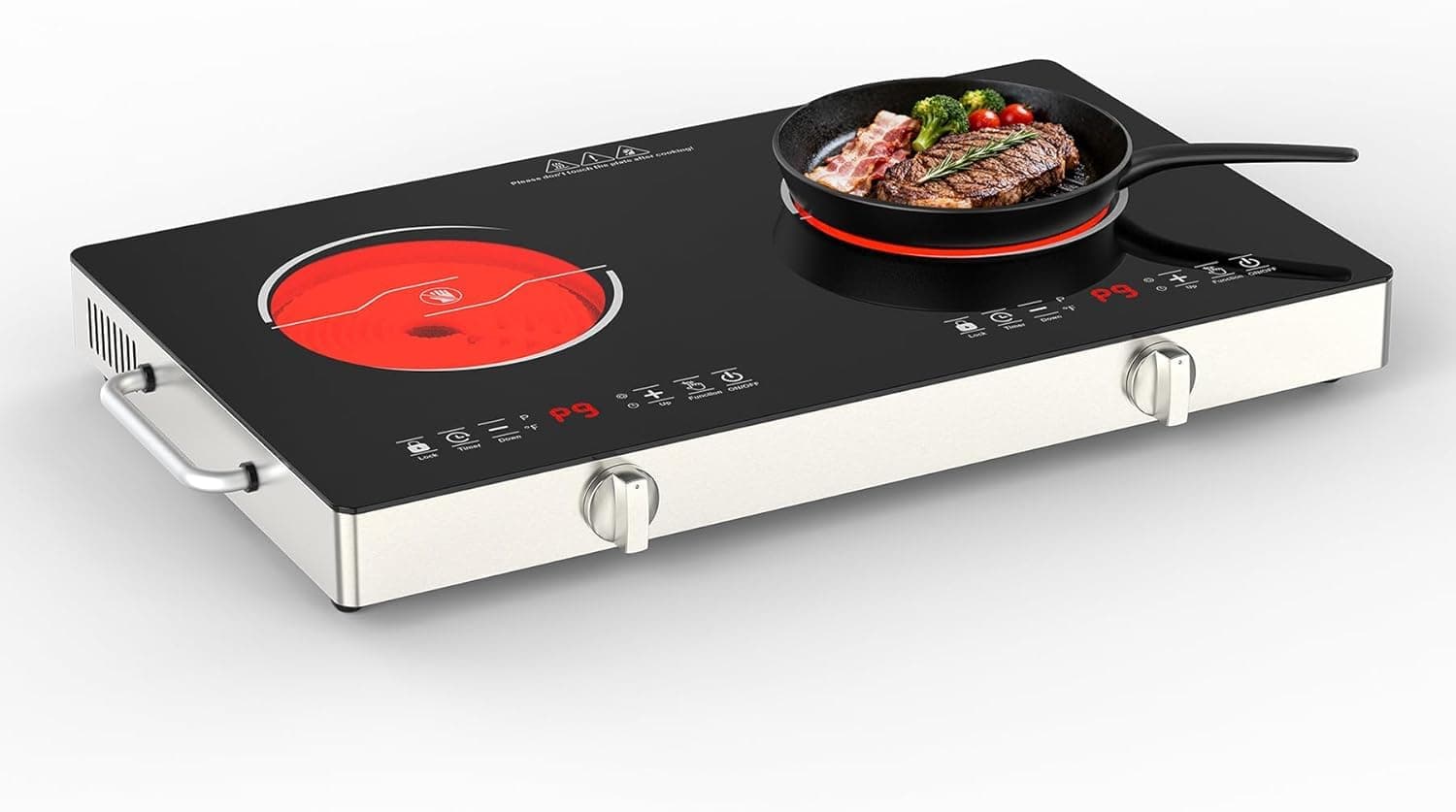 VBGK Placa Vitrocerámica 2 Fuegos 35200W, Placa Electrica Cocina con Perillas y Control Táctil, 9 Niveles, Temporizador, Timer, Cerradura Infantil, Integrada O Portátil con Mango, 220-240V