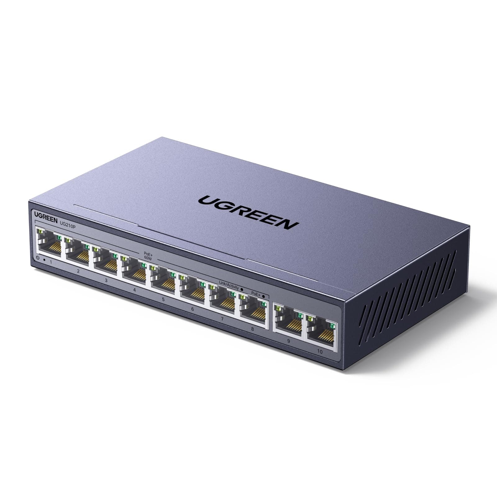 UGREEN 10 Porte Gigabit PoE LAN Switch con 8 PoE Switch + 2 Gigabit-Uplink 60W Potenza Totale per tutte le Porte PoE, Switch di Rete ideale per NVR, Telecamere IP, Non Gestito con Carcassa Metallica