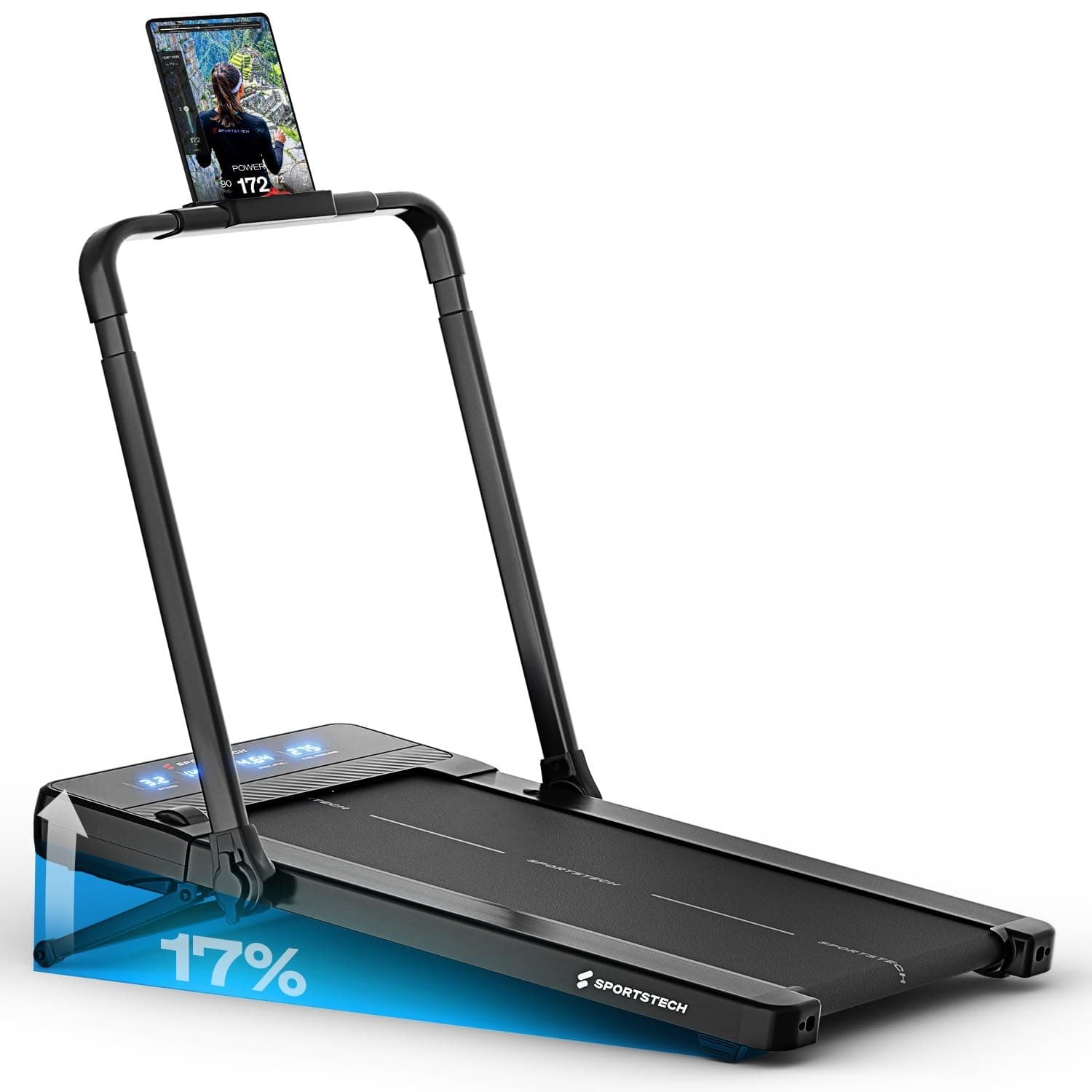 Sportstech Walking Pad, automatische Steigung bis 19%, Laufband für Zuhause und Schreibtisch, LED-Display, Home Office, kompakt, leise, App, Walking Pad & Fitness Treadmill, sPad500/1000