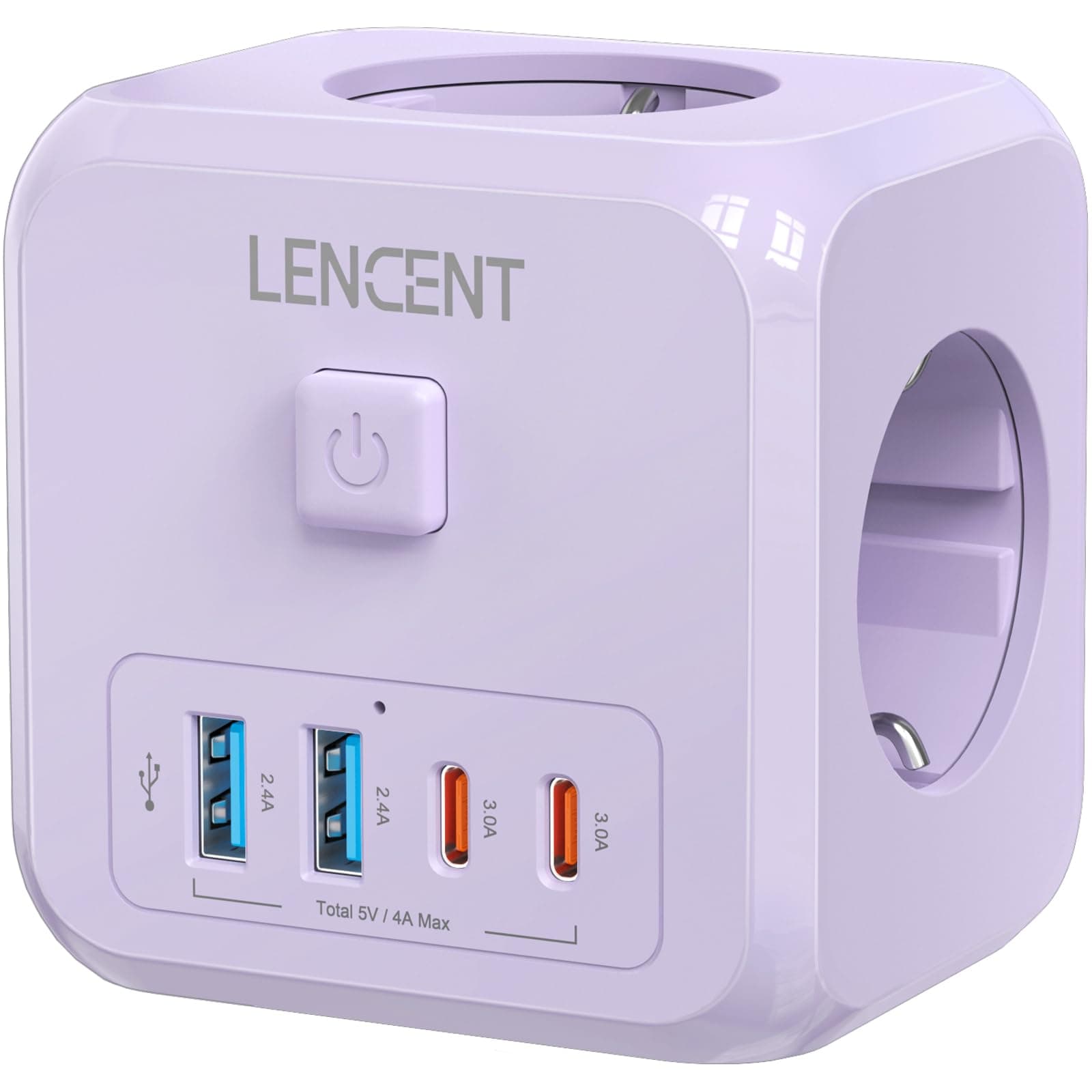 LENCENT Cubo Enchufe USB 7 en 1, Ladron Enchufes 4000W, Cubo Enchufes Múltiples Pared con 3 Tomas de CA, 2 USB-A, 2 Tipo-C y Interruptor, Cargador para Oficina, Cocina y Habitación, Púrpura