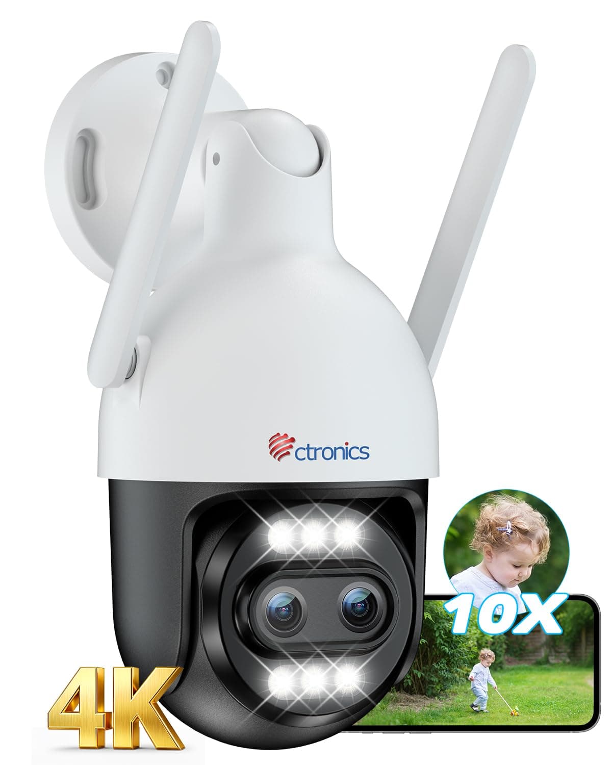 Ctronics 10X Zoom Hybride 4K Caméra Surveillance Extérieure, Double Objectif, Métal IP Camera 2.4/5GHz WiFi, Suivi Auto/Détection Hum/Véh/ANI, 256GB TF/Cloud, Vision Nocturne Color, IP66 (White)