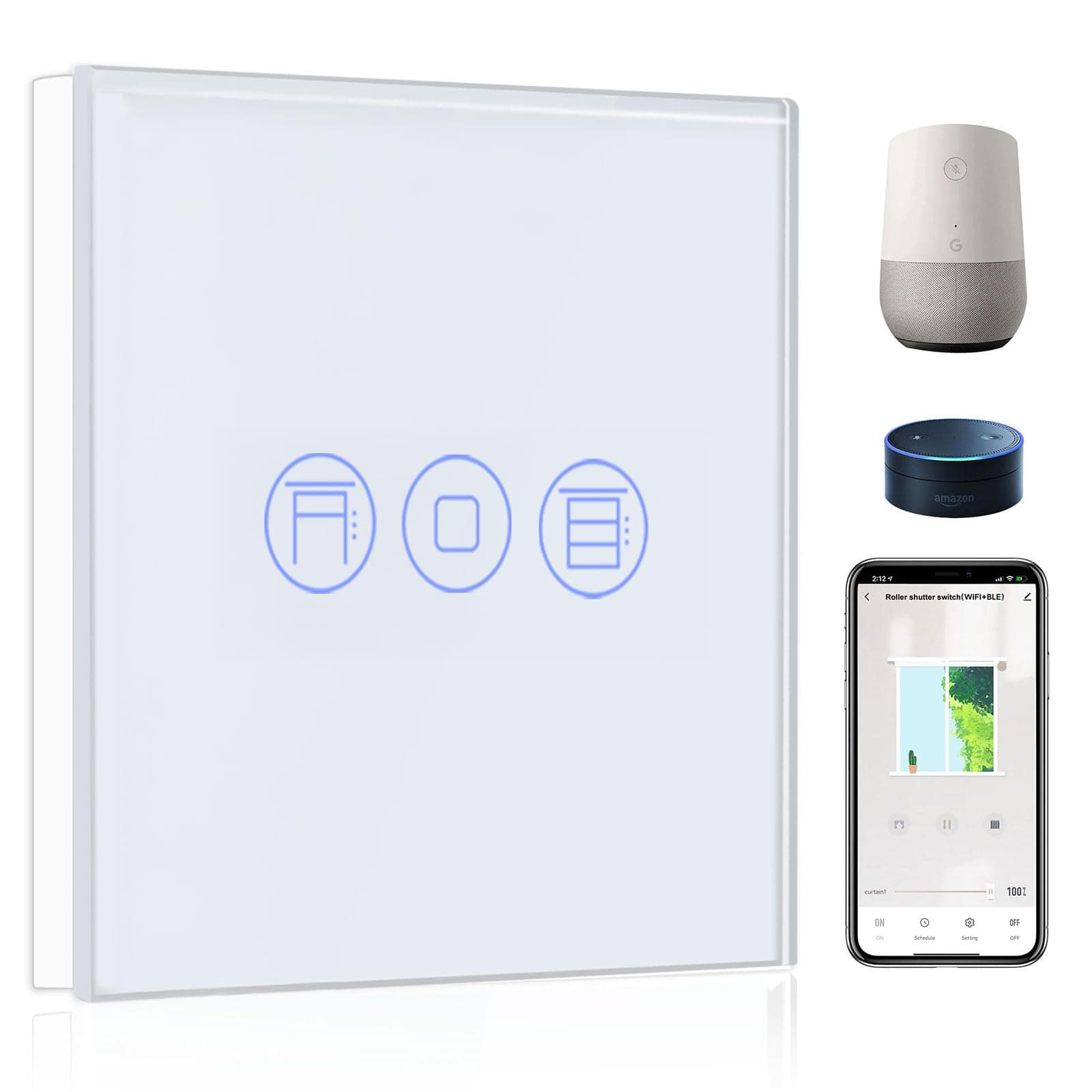 BSEED Interruptor Persiana WIFI Blanco,Interruptor Inteligente Compatible con Tuya,Alexa y Google Home,Control de APP y Función de Temporizador,2,4Ghz Alexa Interruptor Persiana