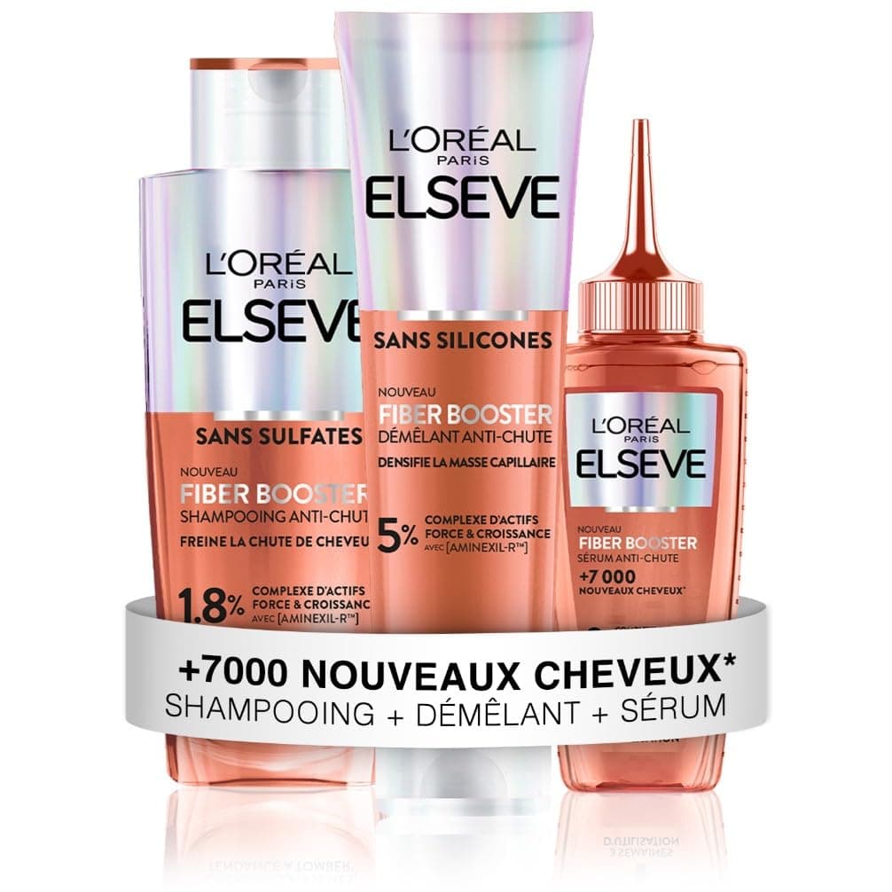 L’OREAL PARIS – Elseve Fiber Booster – Protocole Anti-Chute Cheveux - Stimule la Pousse* – Augmente la Densité Capillaire – Hommes & Femmes - Shampooing Sans Sulfates + Démêlant Sans Silicones + Sérum