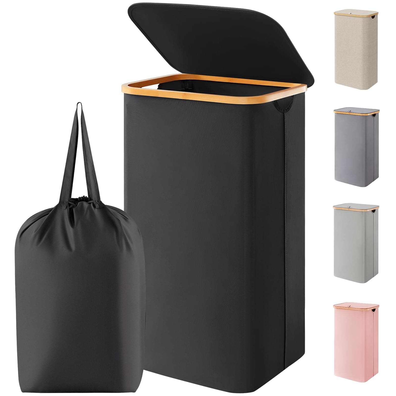 Lifewit 100L Wäschekorb mit Deckel, Wäschekörbe für Wäsche mit Bambus Griffe und Eine Abnehmbare Wäschesack, Große Faltbare Wäschekorb für Schlafzimmer, Bad, Schlafsaal, Waschküche, Schwarz