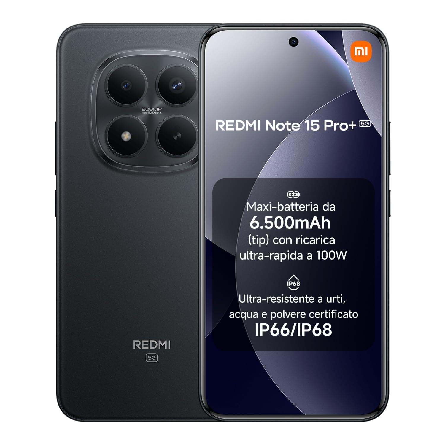 XIAOMI Redmi Note 15 Pro+ 5G, Smartphone 8+256GB, Batteria massiccia da 6500 mAh, IP66/IP68, Nuova fotocamera 200 MP, Display AMOLED da 6,83", Nero, Garanzia 2 anni, Caricatore non incluso