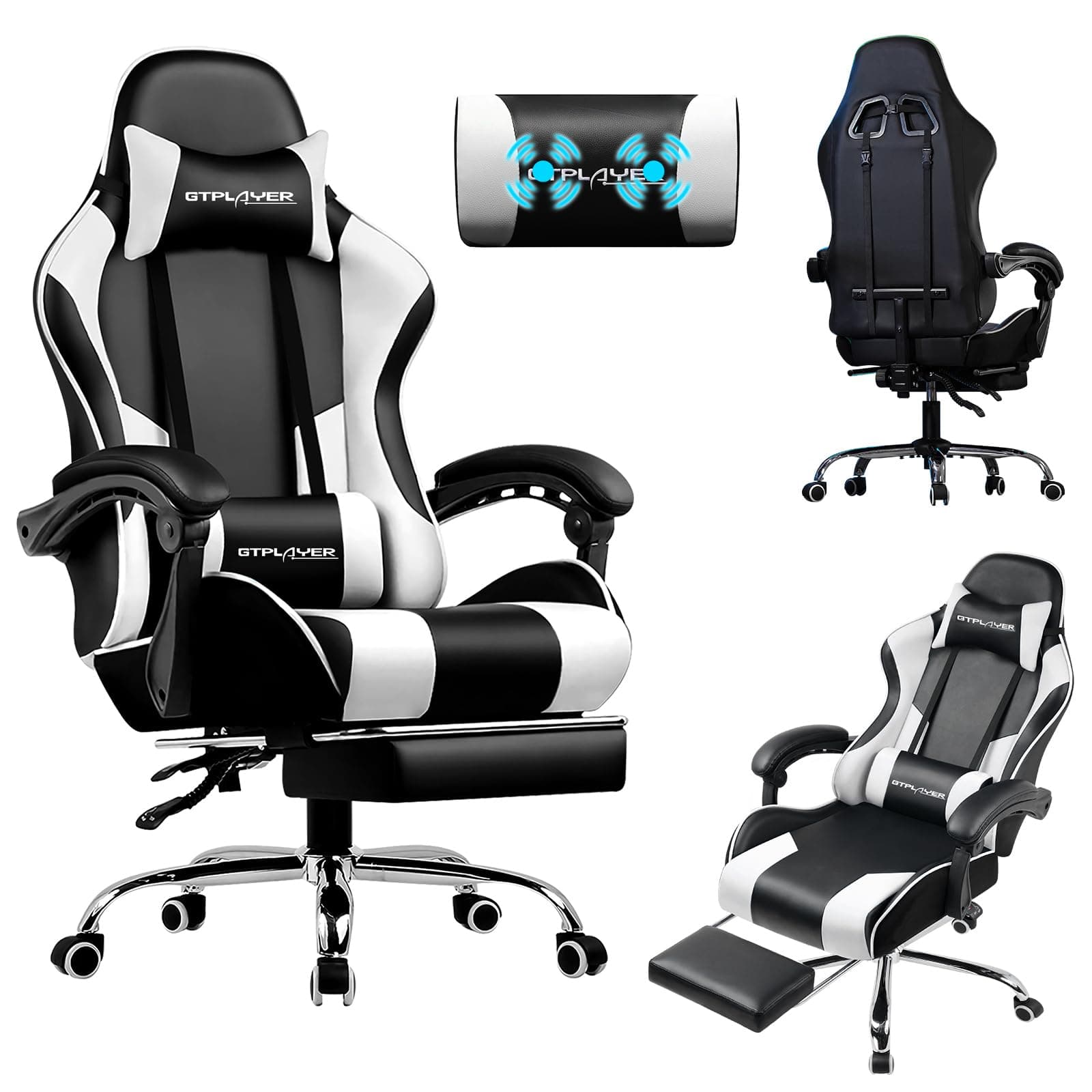 LUCKRACER Silla Gaming con Masaje Ergonómica | Reposapiés y Reposacabezas Retráctil | Soporte 150 kg | Oficina y Hogar | Color Blanco