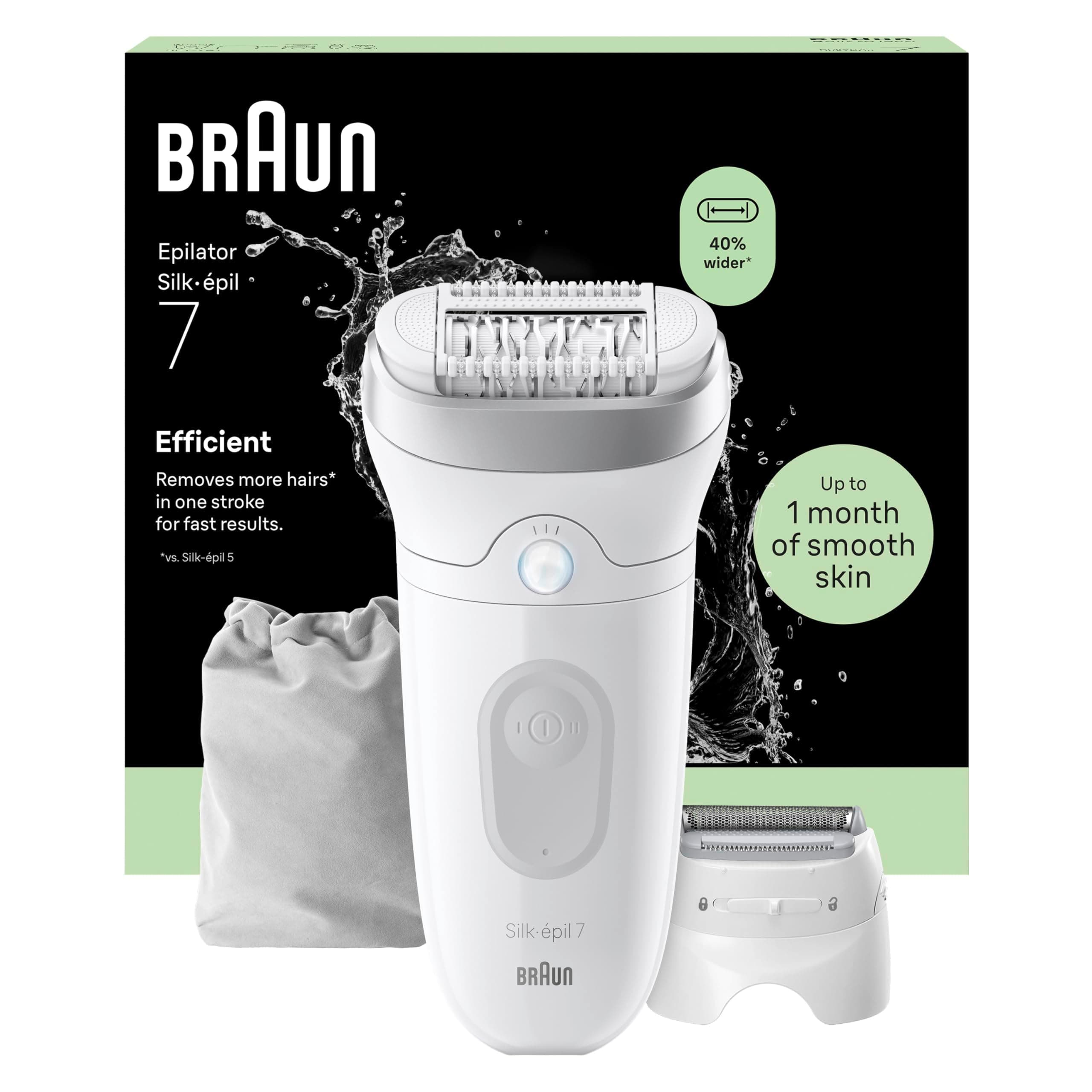 Braun Silk Epil 7 Epilatore Elettrico Donna Con Testina Ampia Per Facile Rimozione Peli, Rasoio Elettrico Donna, Wet&Dry, Pelle Liscia A Lungo, Con Testina Radente, Cappuccio Regolatore,7-030,Argento