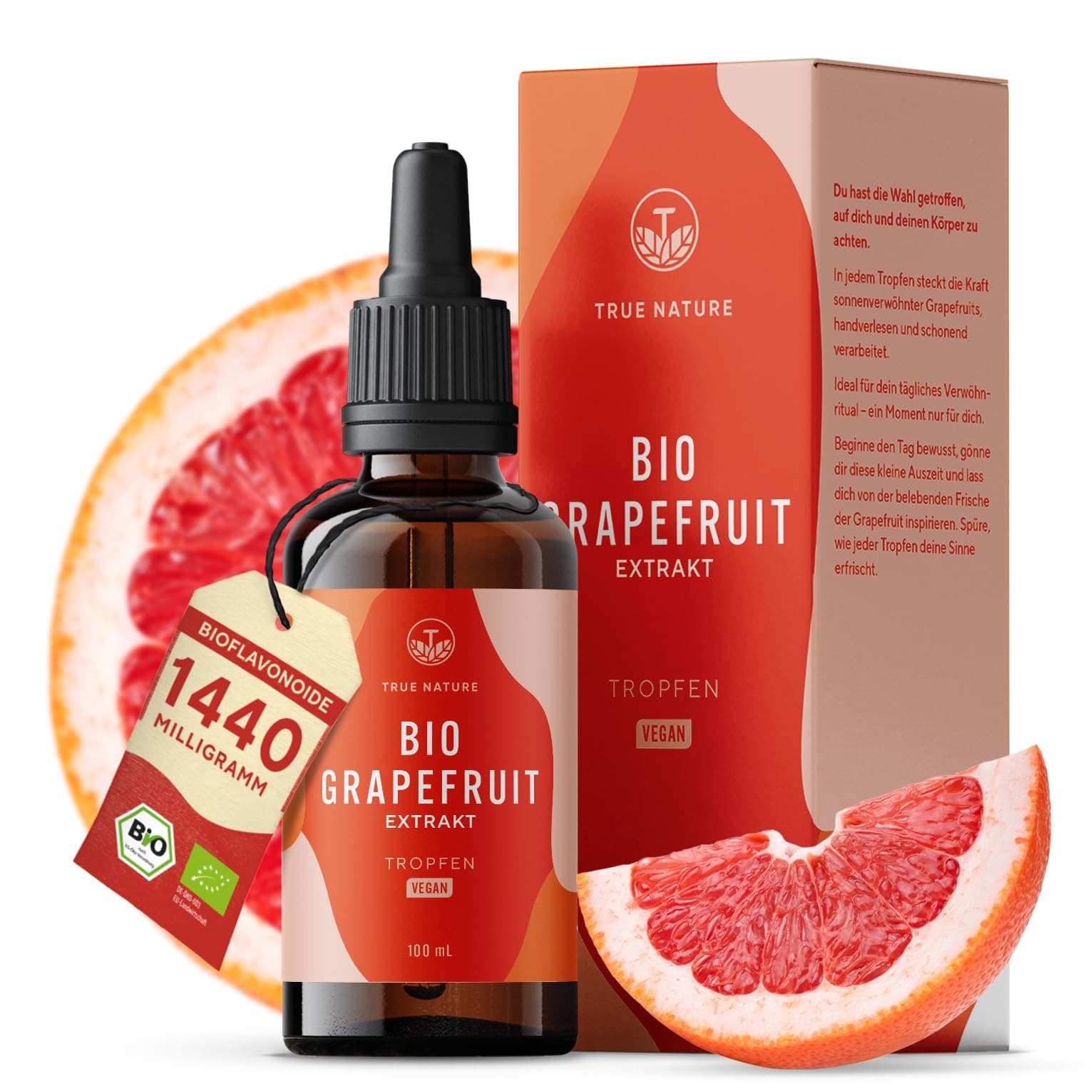 Bio Grapefruitkernextrakt Tropfen - Hochdosiert 1440mg Bioflavonoide auf 100 ml - Bio Grapefruit Extrakt aus Kernen & Schalen - Vegan & ohne Zusätze - TRUE NATURE