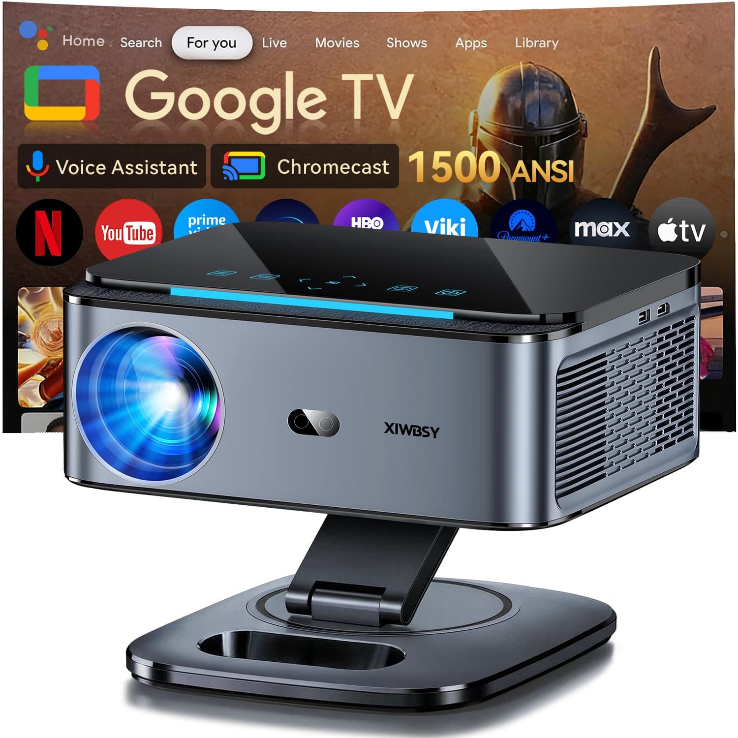 Proyector【1500 ANSI/Google TV/Auto Focus】 XIWBSY Proyector Portatil 38000 Lúmenes, Gira 360 °, WiFi 6 Bluetooth 5.3, Control por Voz, Soporte 4K 1080P, Proyectores Video Cine En Casa/Exterior Netflix