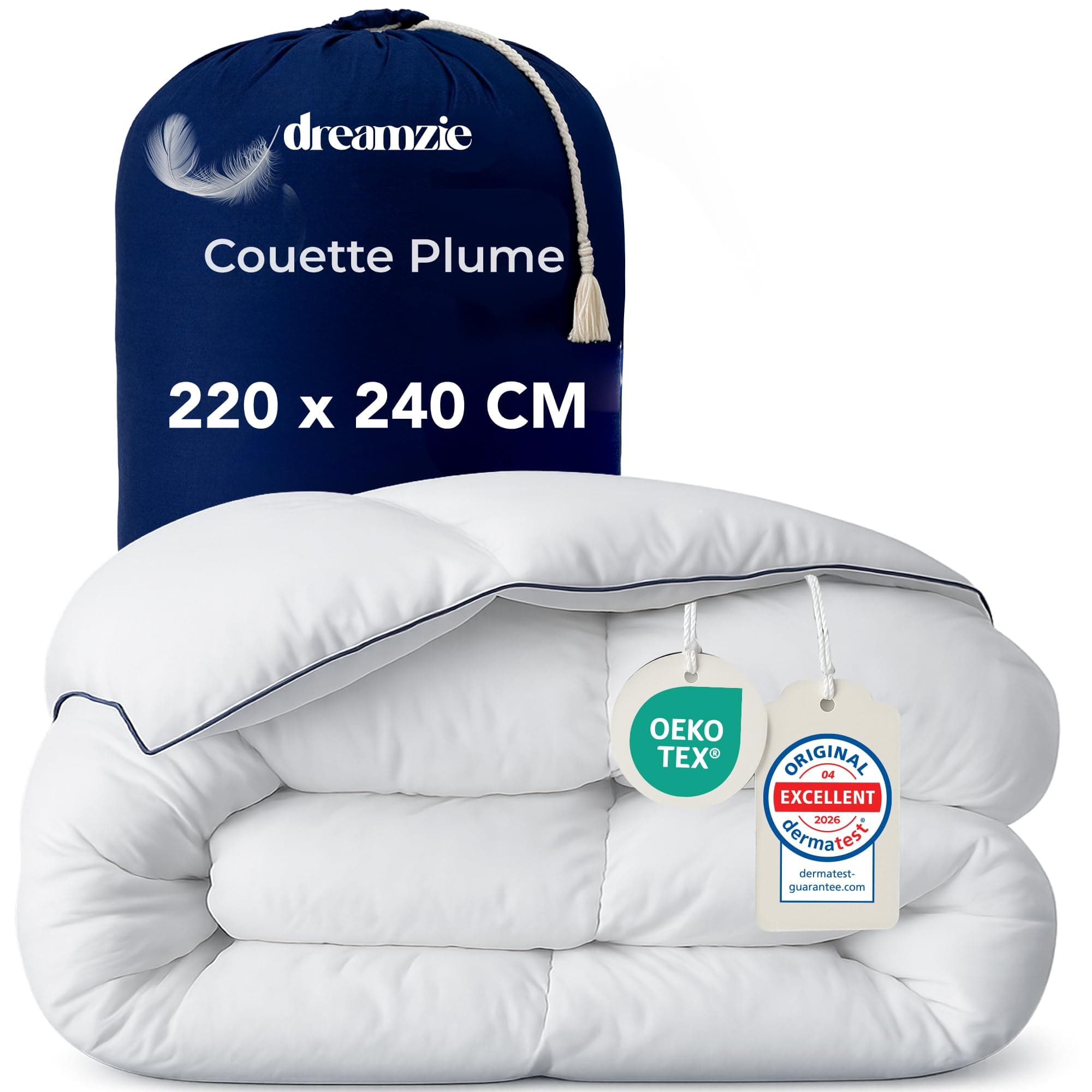 Dreamzie - Couette 220x240 cm Ultra Confort - Couette Plume & Duvet de Canard - Duvet 2 Personnes - 450gsm - Certifiée Oeko-Tex, RDS & Downpass