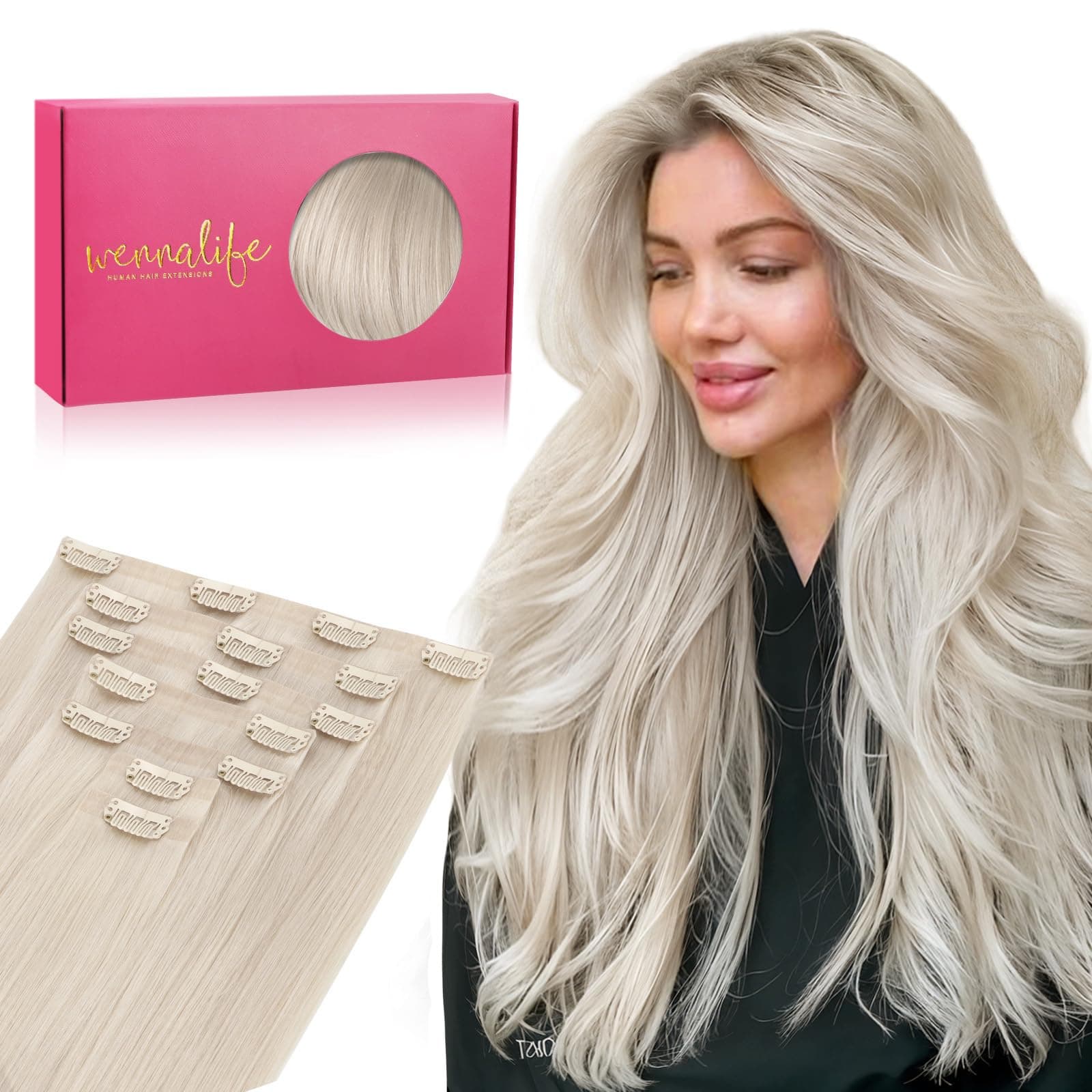 WENNALIFE Extensiones de Clip Seamless de Pelo natural, Rubio Platino 50cm 150g 7 Piezas Sin Costuras Extensiones Pelo Natural Clip Extensiones de Cabello Remy Humano Natural Invisible Clip In