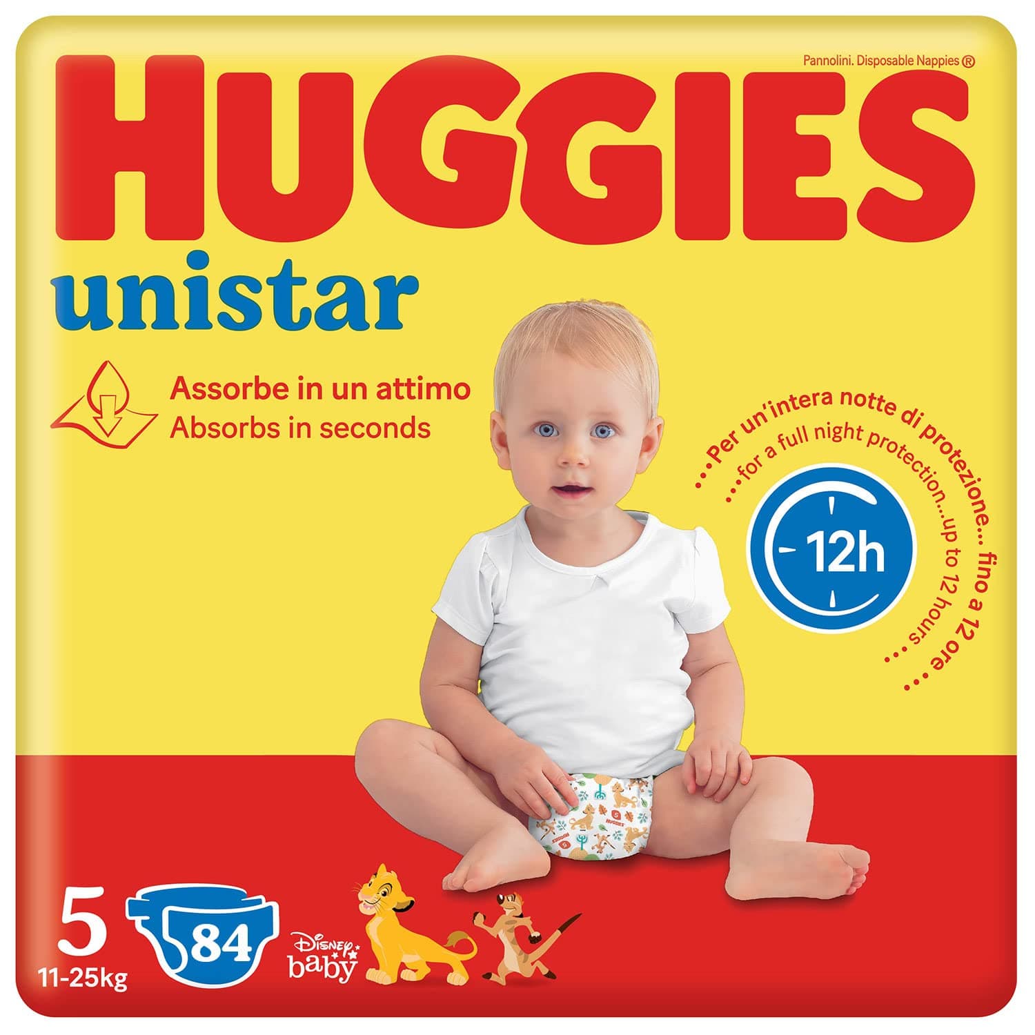 Huggies Unistar, Pannolini Taglia 5 (11-25 Kg), Design Disney, Ultra assorbente, Protezione completa, 84 Pz