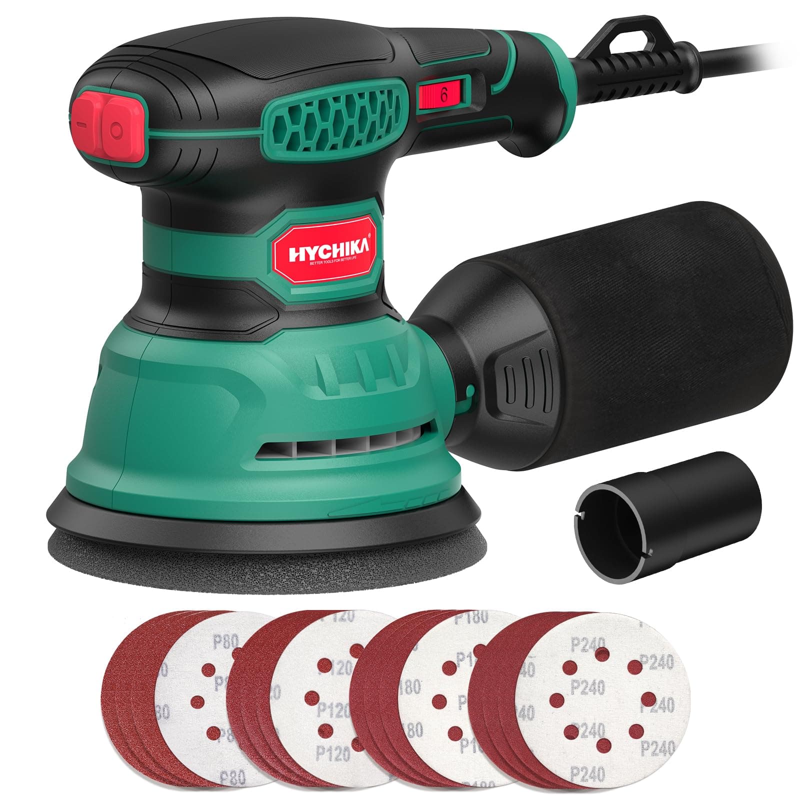 HYCHIKA Ponceuse Excentrique, 300W 12000 OPM Ponceuse Orbitale, 6 Vitesses, 16 Pièces Disque Abrasif 125mm, Dispositif de Dépoussiérage et Fonction de Freinage Rapide, Pour Poncer et Polir le Bois