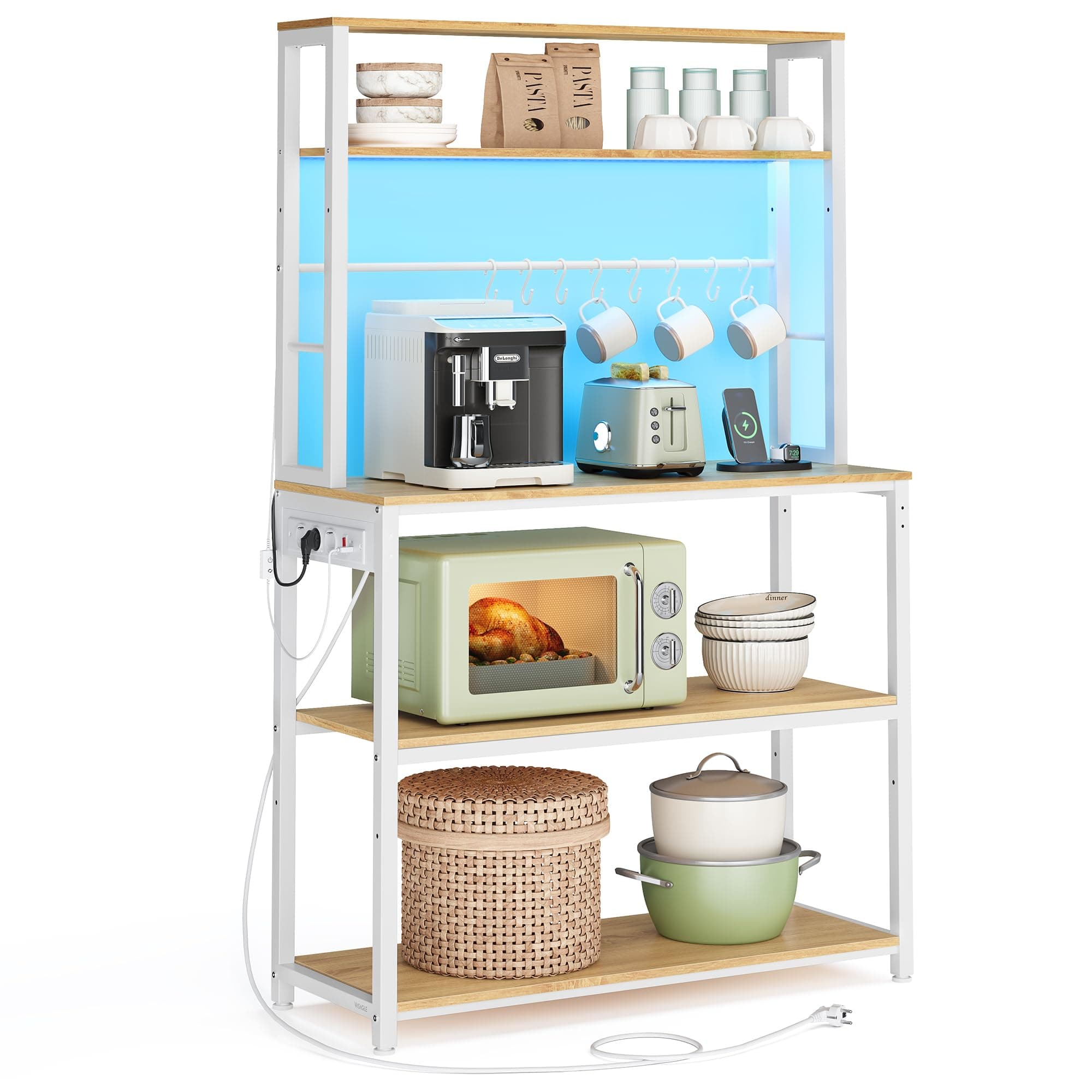 VASAGLE Scaffale da Cucina con LED, Scaffale per Microonde con Multipresa, Ripiani Regolabili, 8 Ganci, 40 x 80 x 168,4 cm, Rovere Dorato e Bianco Opaco KKS050YA01