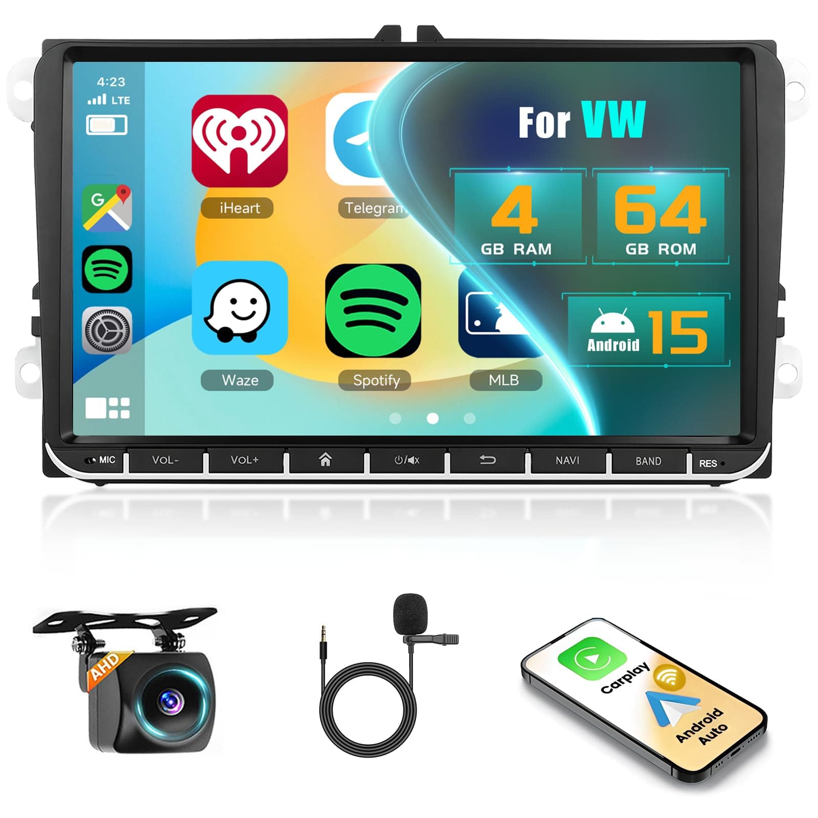 Inefala 4G+64G Android 15 Autoradio per VW Polo Golf Caddy Tiguan Touran Passat Seat, 9 Pollici Schermo Stereo Auto Bluetooth con Wireless CarPlay e Android Auto GPS WiFi RDS/FM SWC MIC Retrocamera