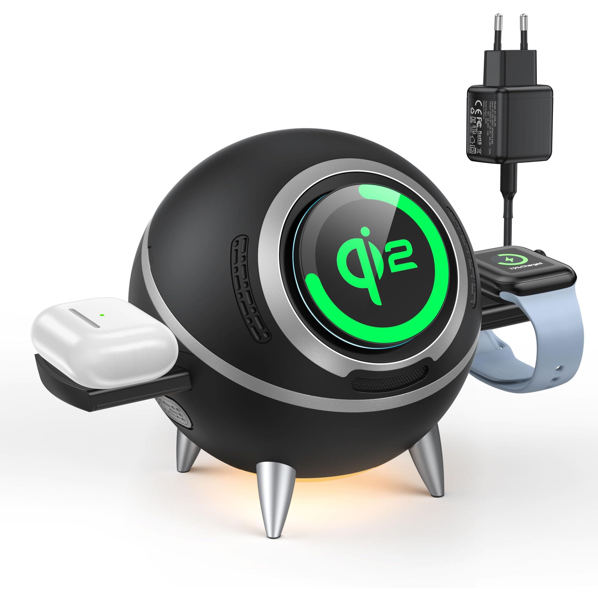 Beeasy Magnética Cargador Inalámbrico 4 en 1, Estación de Carga Inalámbrica Carga Rápida QI2 15W, Diseño Esférico con Luz Nocturna Ajustable, Compatible con iPhone, Apple Watch, AirPods y Samsung