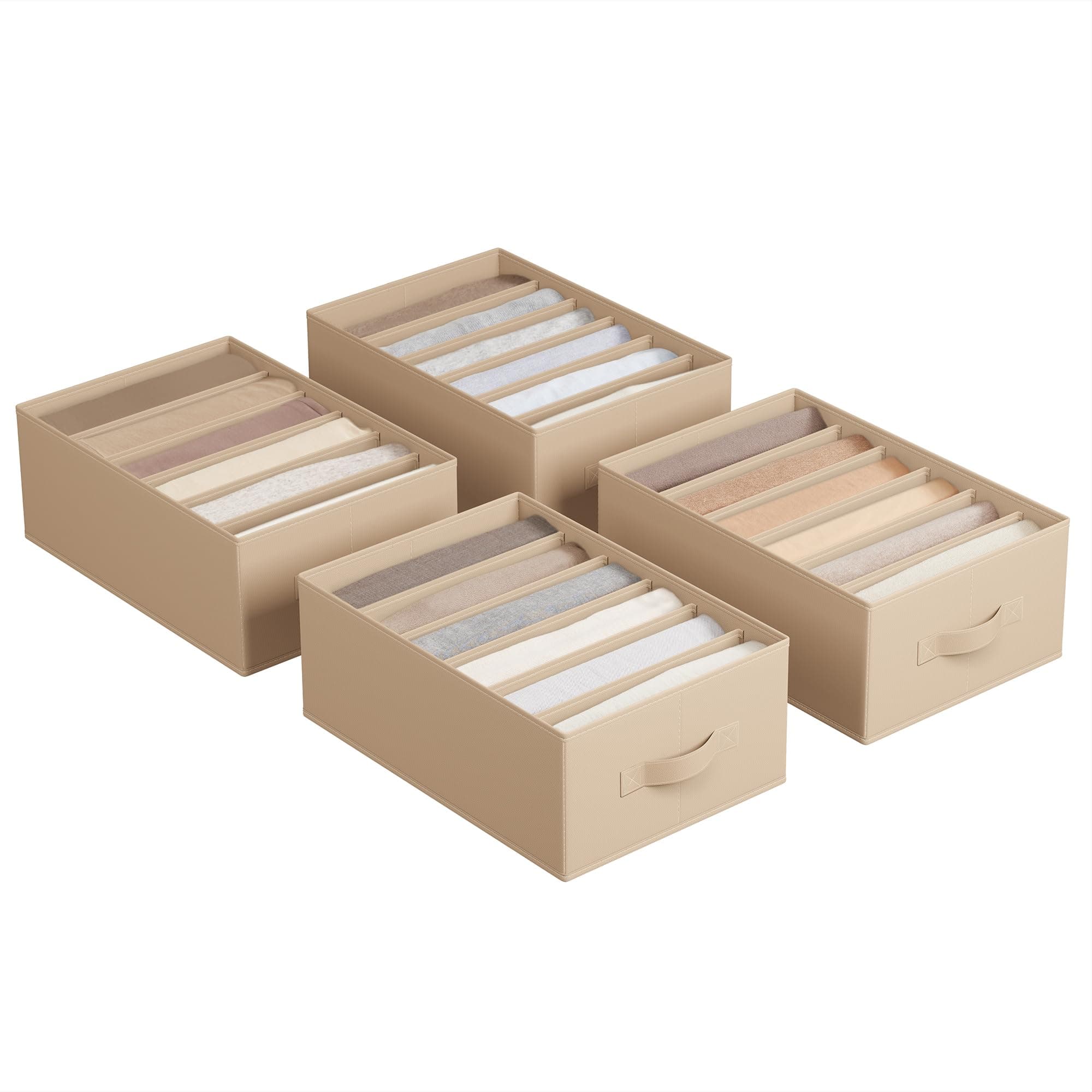 SONGMICS Kleiderschrank-Organizer 4er Set, Aufbewahrungsbox 6 Fächer, Schubladen-Ordnungssystem, Ordnungsboxen faltbar, 42 x 30 x 17 cm, für Hosen, Kleidung, sandbeige RUS009K01