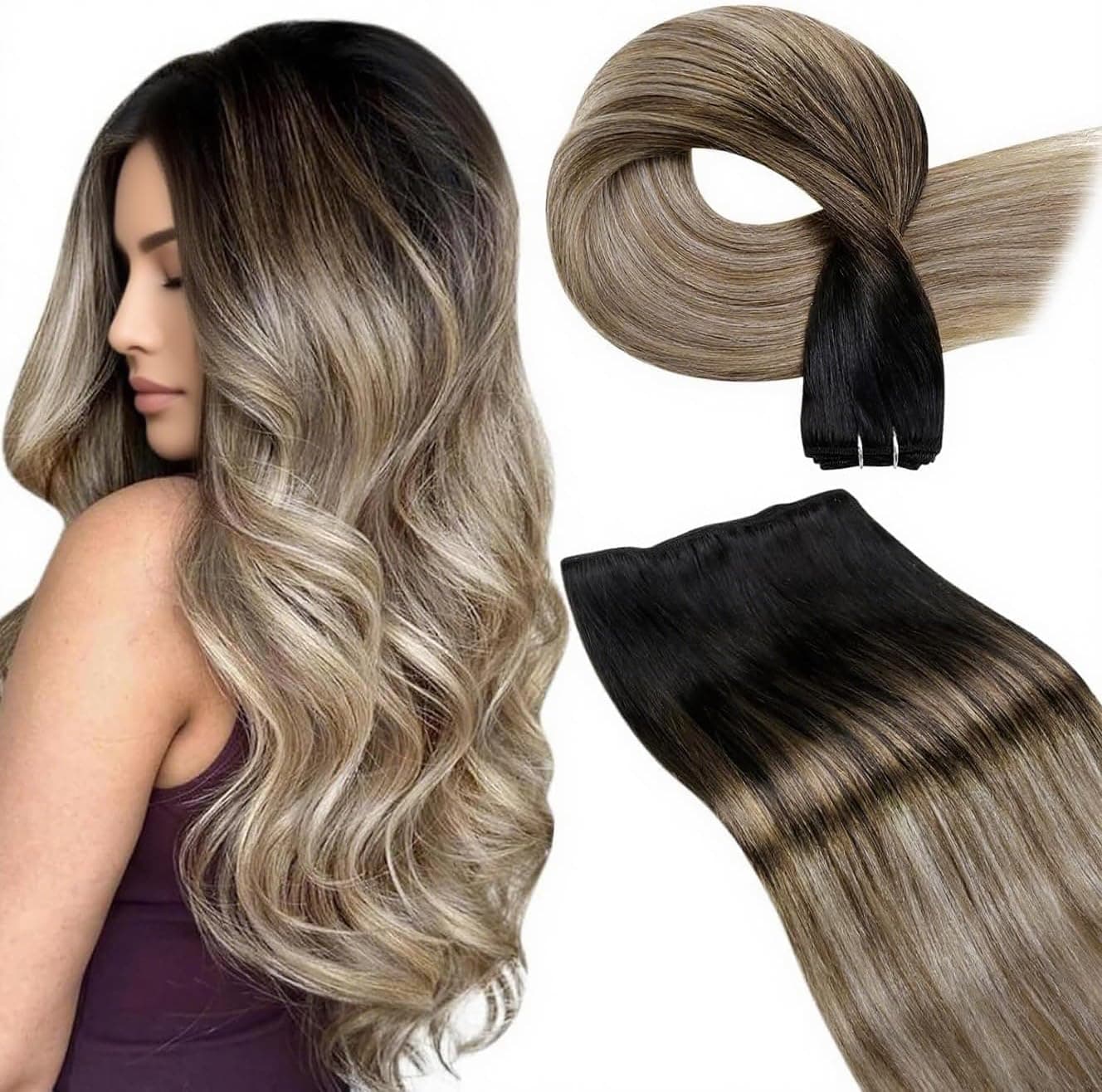 LaaVoo Extension Capelli Veri Tessitura 40cm 100g Nero Naturale a Marrone Chiaro con Biondo Scuro Balayage Extension Tessitura Capelli Veri Umani Lisci Remy #1b/8/22