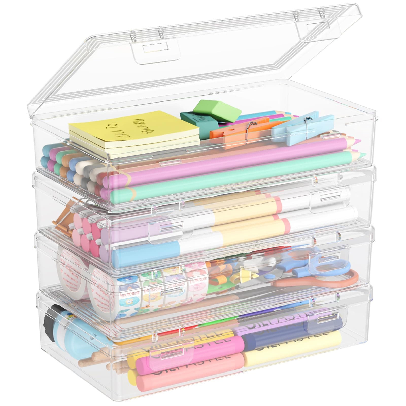 Lifewit Stiftebox mit Snap-Dicht Deckel, Hochwertiges Kunststoff Bürobedarf Organizer, Aufbewahrungsbox für Schreibwaren/Art Supply/Kosmetika/Werkzeugteile/Craft, Durchsichtige, 1L, 4 Pack
