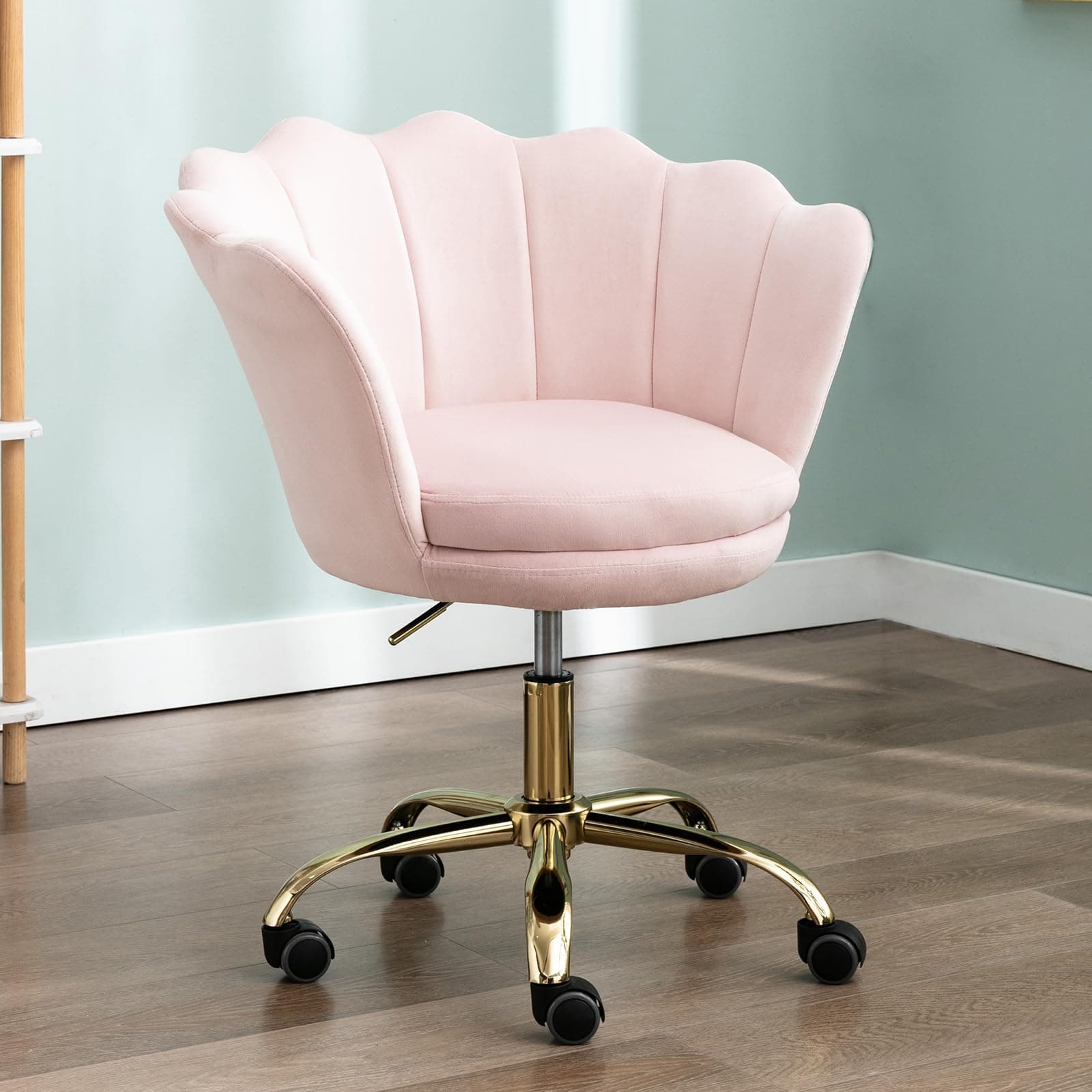Ya-Home Chaise de Bureau Confortable avec Pied Doré Chaise Fauteuil Bureau Coiffeuse pour Chambre, Rose Clair