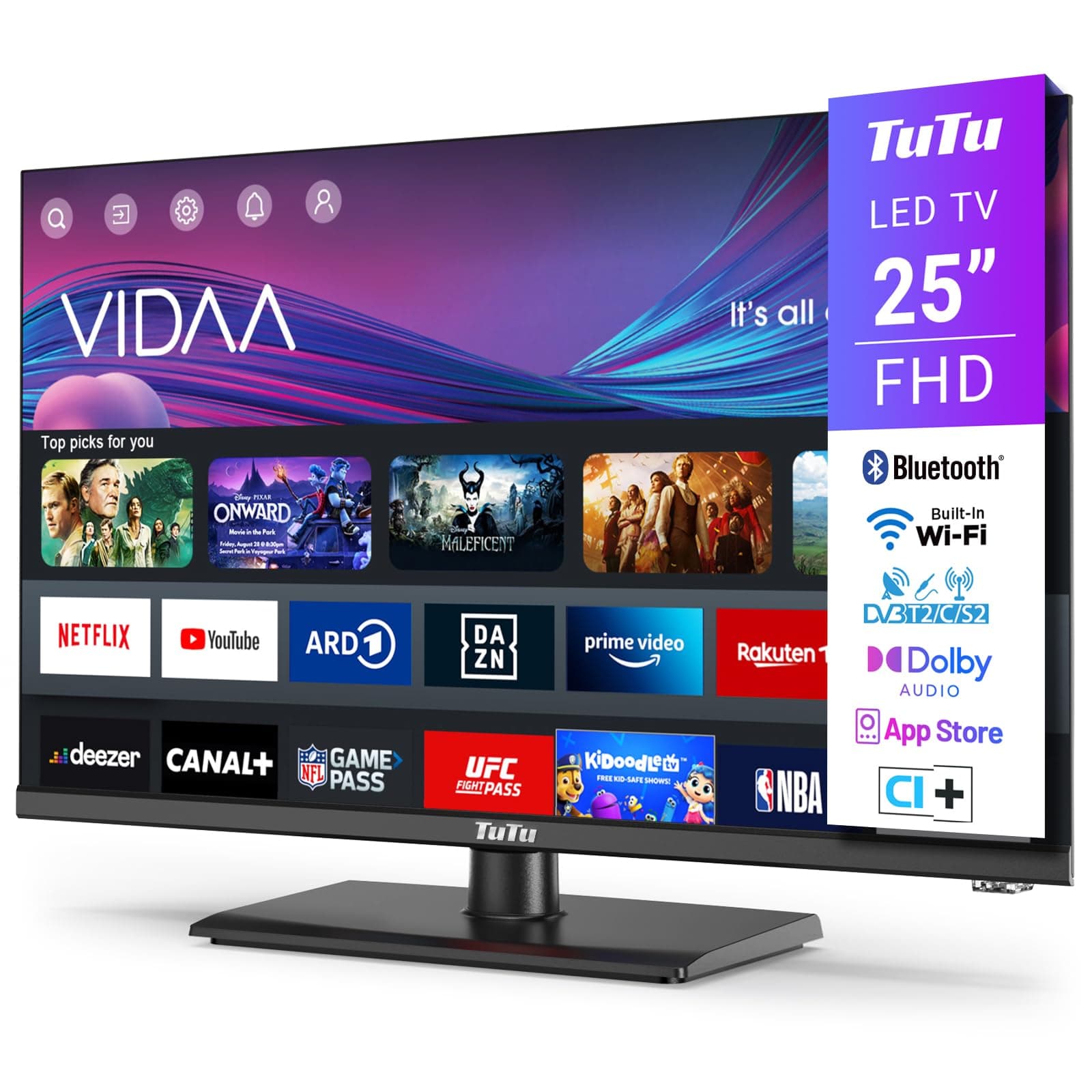 TuTu Smart TV 25 Pouces (64 cm) FHD LED WiFi Connectée Téléviseurs avec Bluetooth, Triple Tuner, VIDAA Remote App, Molotov, Netflix, Prime Video, Disney+, Youtube, Pied Central