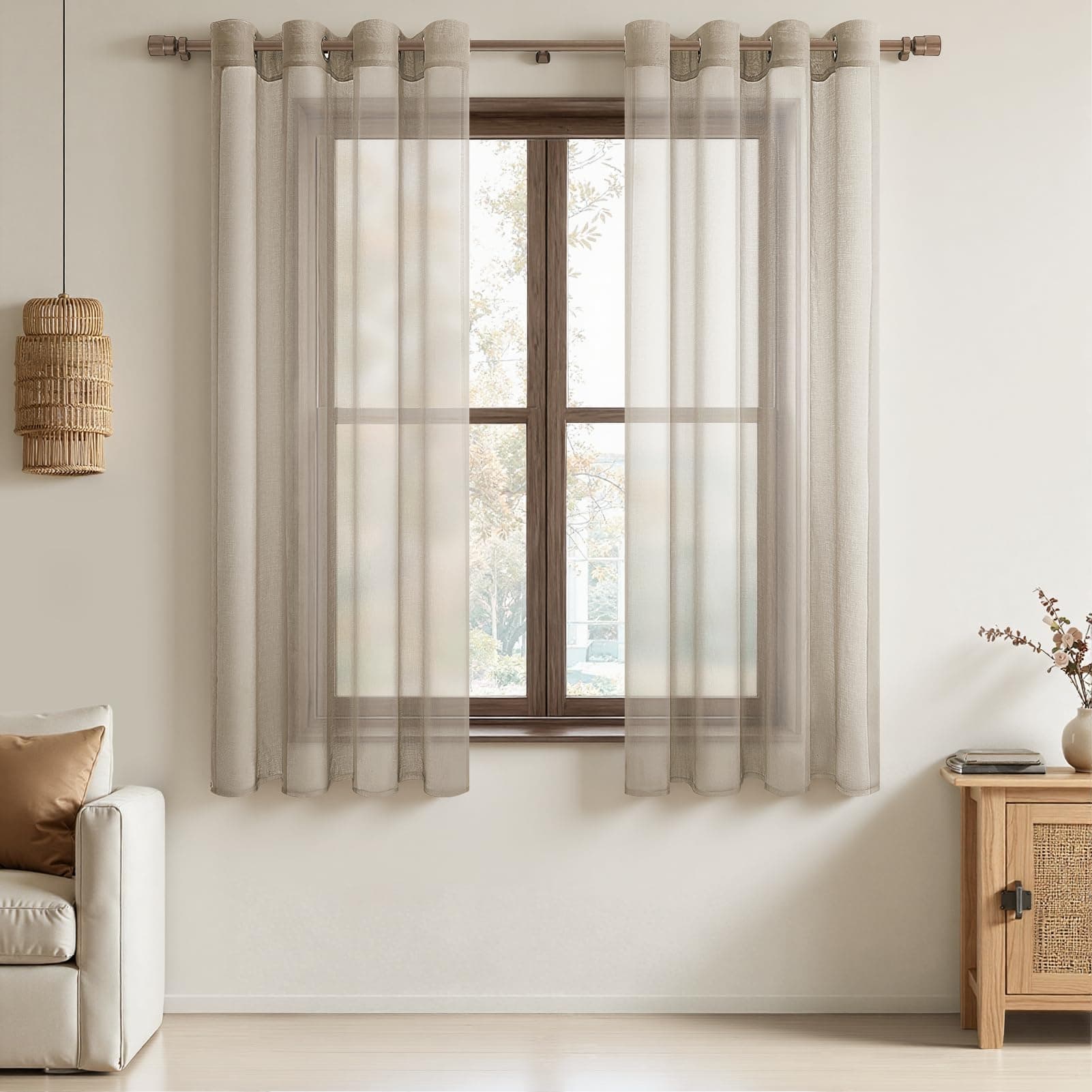 MRTREES 2 Pièce Rideau Voilage Beige 140x160 cm à Oeillet Semi-Transparent en Effet Lin Décorations d'intérieur de Fenêtre de Salon Moderne Chambre Cuisine Balcon Baie Vitrée Léger Romantique