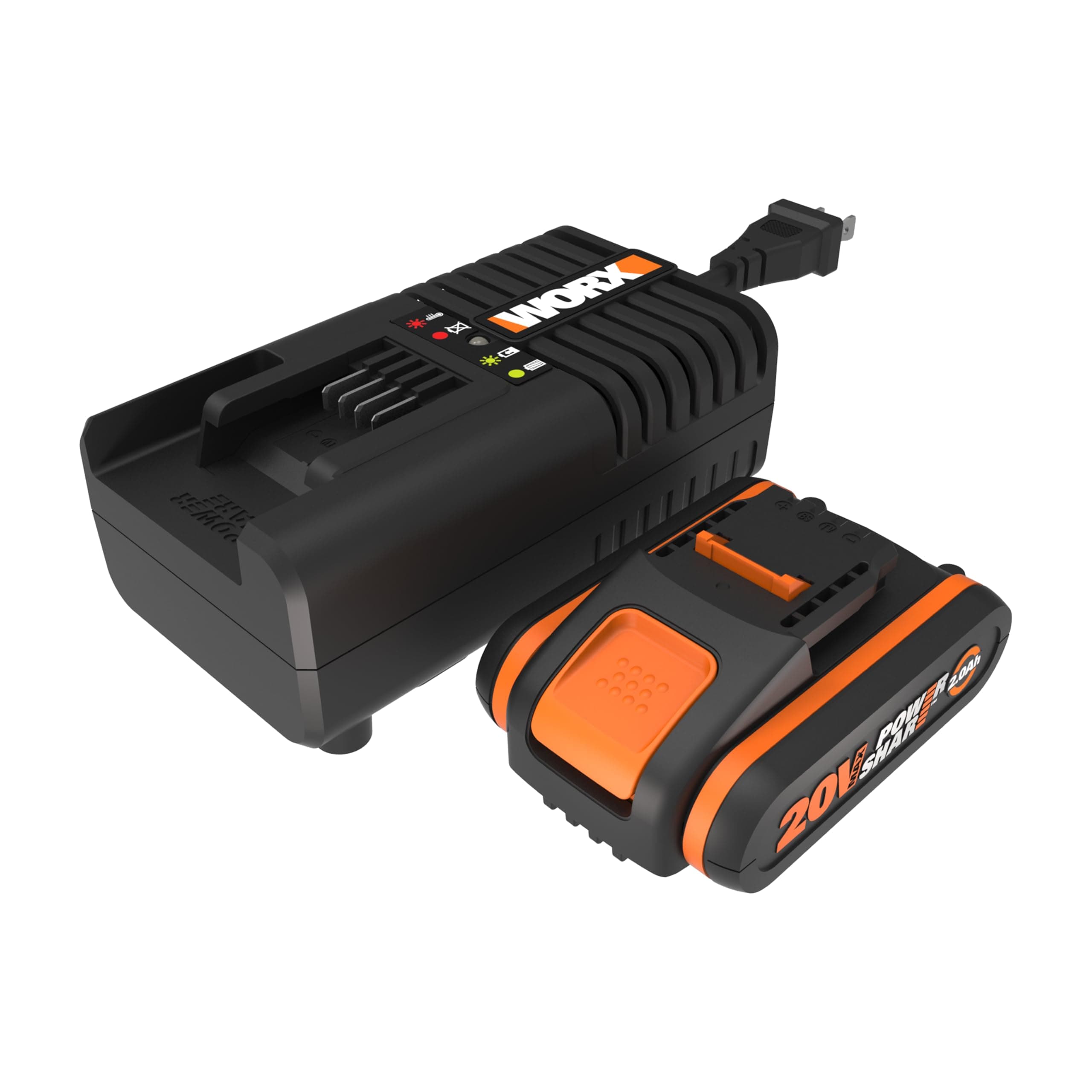 WORX Kit de Démarrage Pack Batterie Lithium 20V et Chargeur Rapide WA3601, Batterie de 2Ah, Charge en Une Heure Votre Outil, Compatible avec Tous Les Outils sans Fil WORX Powershare