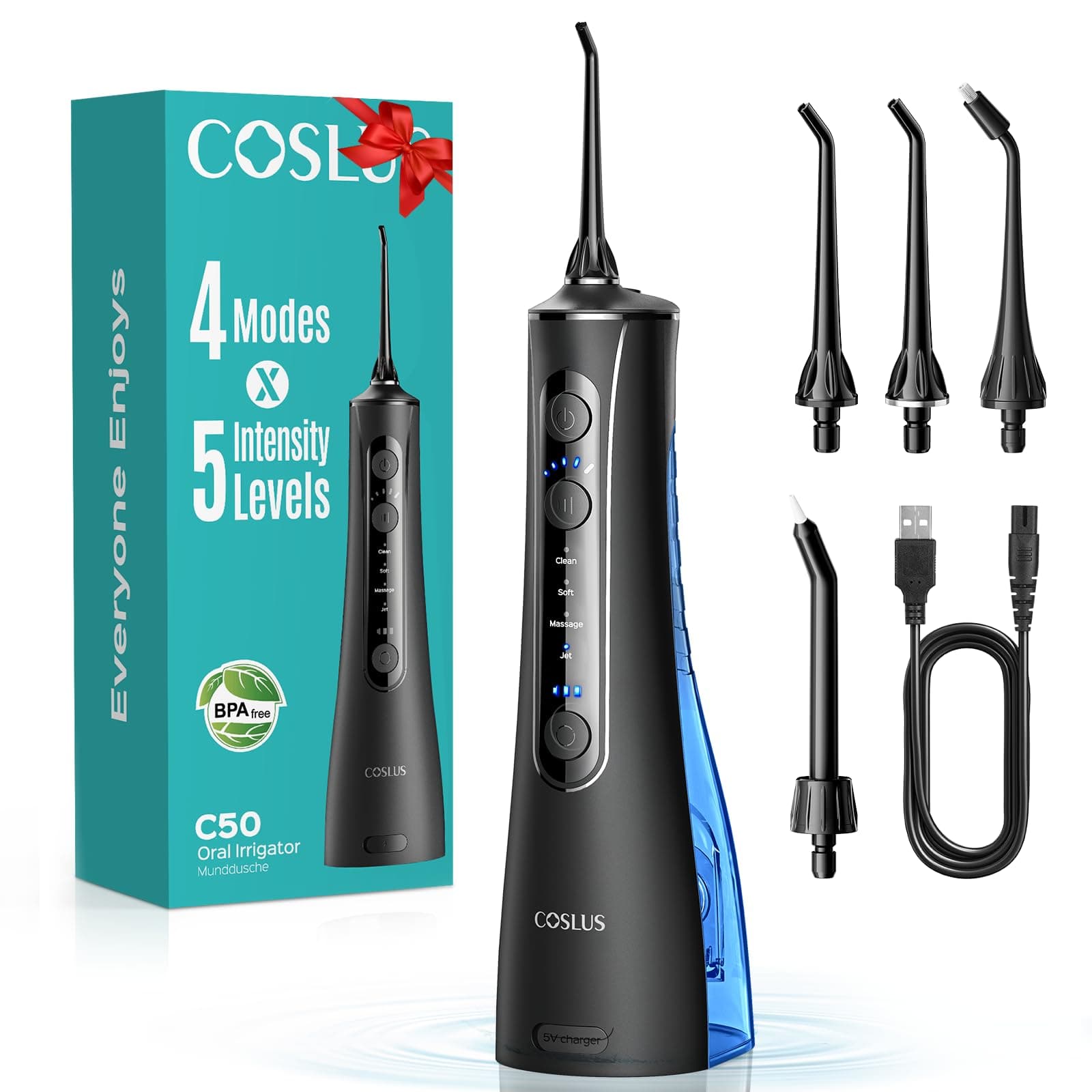 COSLUS C50 Jet Dentaire Hydropulseur Irrigateur Oral: Pression 20 mm, IPX7 étanche, Technologie Anti-éclaboussures, 4 Modes, 5 Niveaux d'Intensité, Idéal pour bucco-dentaire,Noir Brillant, C50