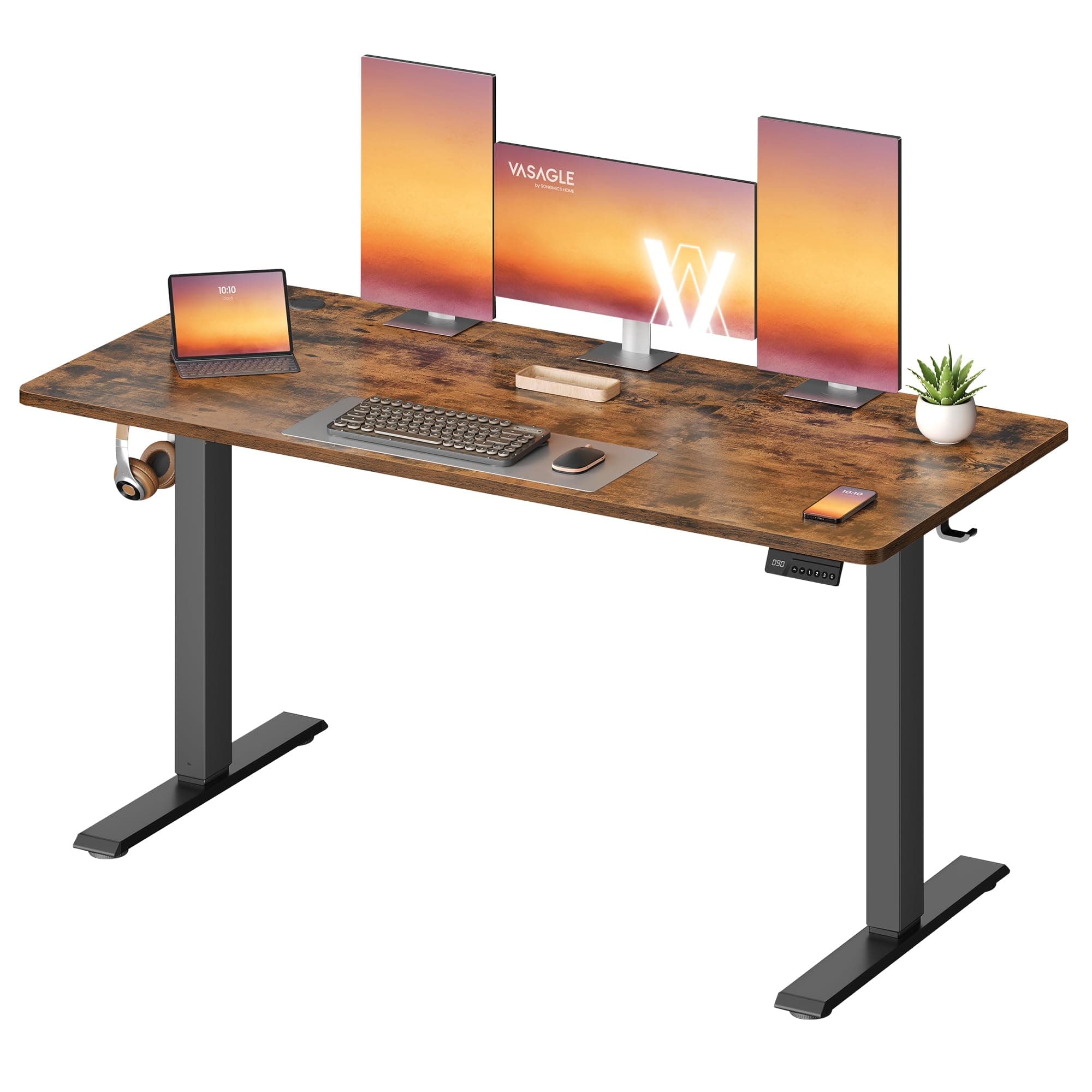 VASAGLE Escritorio Eléctrico Ajustable en Altura, Escritorio para Ordenador, Recordatorio de Sedentarismo, Función de Memoria con 4 Alturas, para Oficina, 140 x 60 cm, Marrón Rústico LSD314KD03
