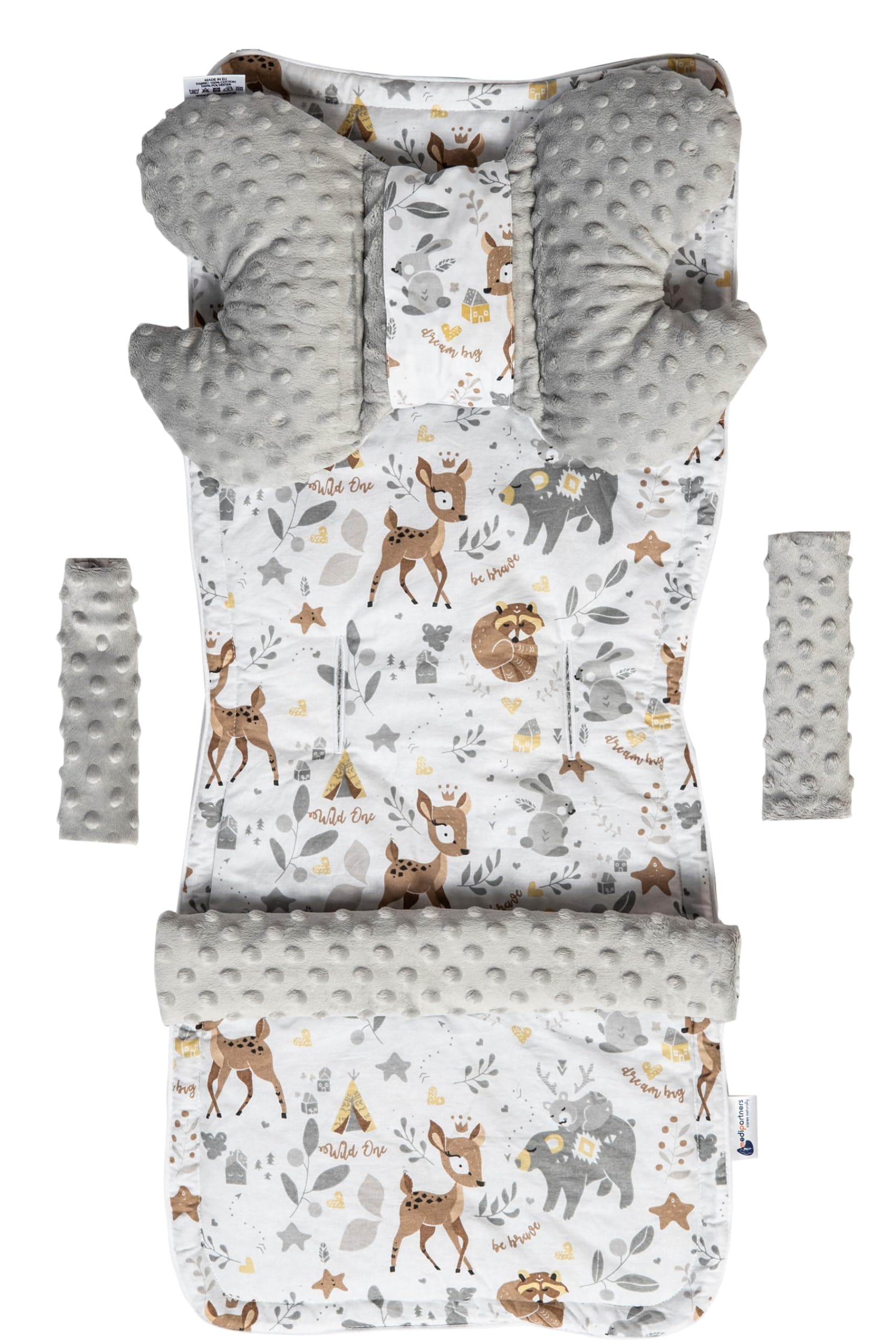 Medi Partners Riduttore Passeggino Universale Materassino Copri Neonato Cuscino - 5 elementi 78x35cm Copripasseggino Estivo per Neonati Cotone Minky (Cervo con Minky grigio)