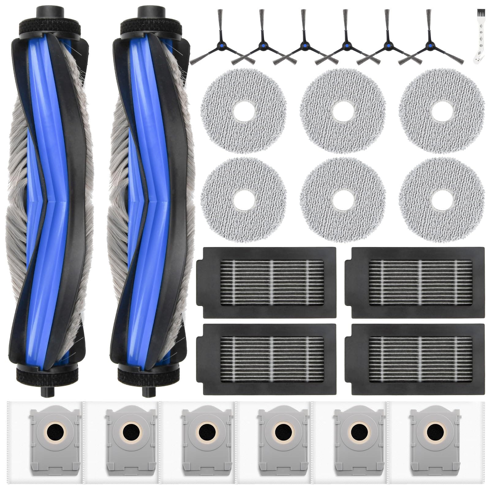 Lot de 25 accessoires pour ECOVACS DEEBOT T50 Omni / T50 PRO Omni / T50 Pro Omni Gen2 robot aspirateur, 6 sacs à poussière, 6 lingettes, 6 brosses latérales, 4 filtres HEPA, 2 brosses principales