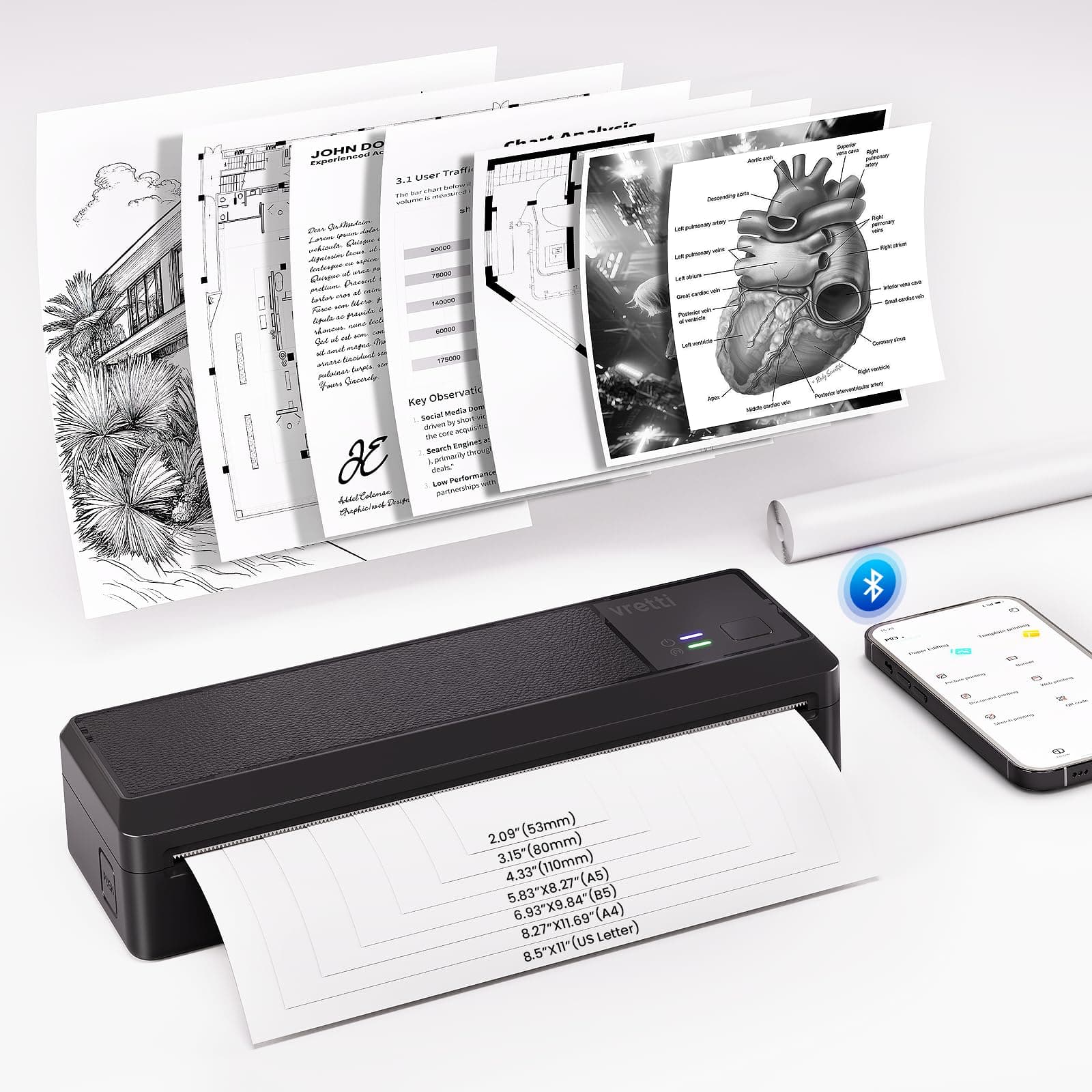 vretti Impresora Portátil A4 Impresora Térmica Portátil A4 para Viaje Conexión Bluetooth para Smartphones Compatible con Android/iOS, Impresora de Viaje para el Hogar Aprendizaje