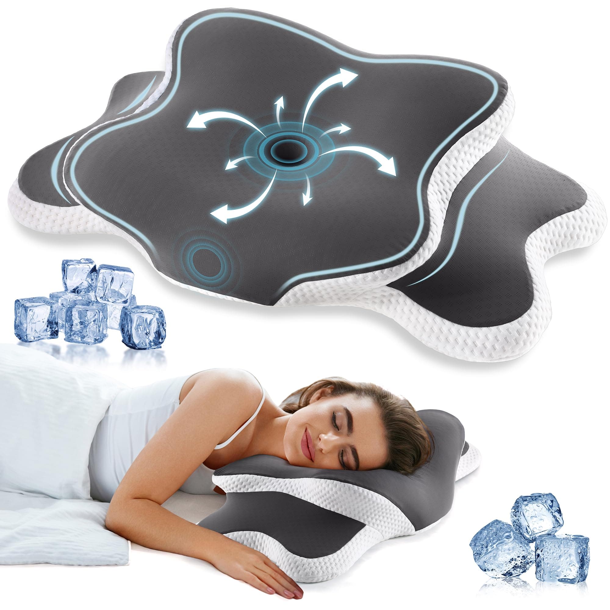 YunNasi Oreiller Ergonomique Cervical Memory Foam Coussin Memoire Forme Oreiller Orthopédique de Forme pour Les Dormeurs sur Le Côté, Le Dos et Le Ventre, 65 * 40 * 14/10cm