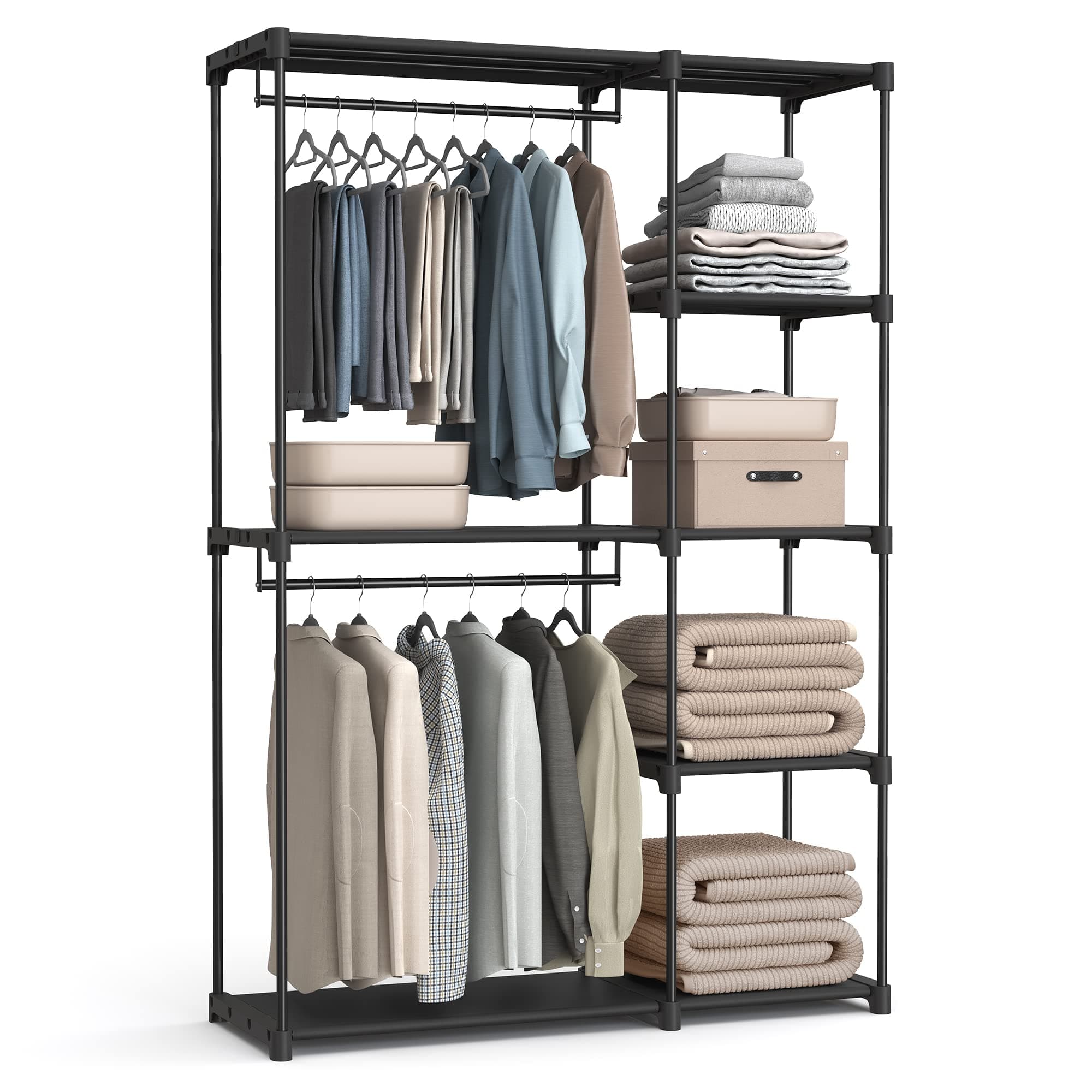 SONGMICS Kleiderschrank offen, Kleiderständer, Kleiderstange, Garderobe, 2 Hängefächer, viel Platz, für Schlafzimmer, Wohnzimmer, 124 x 43 x 182 cm, schwarz RYG026B02